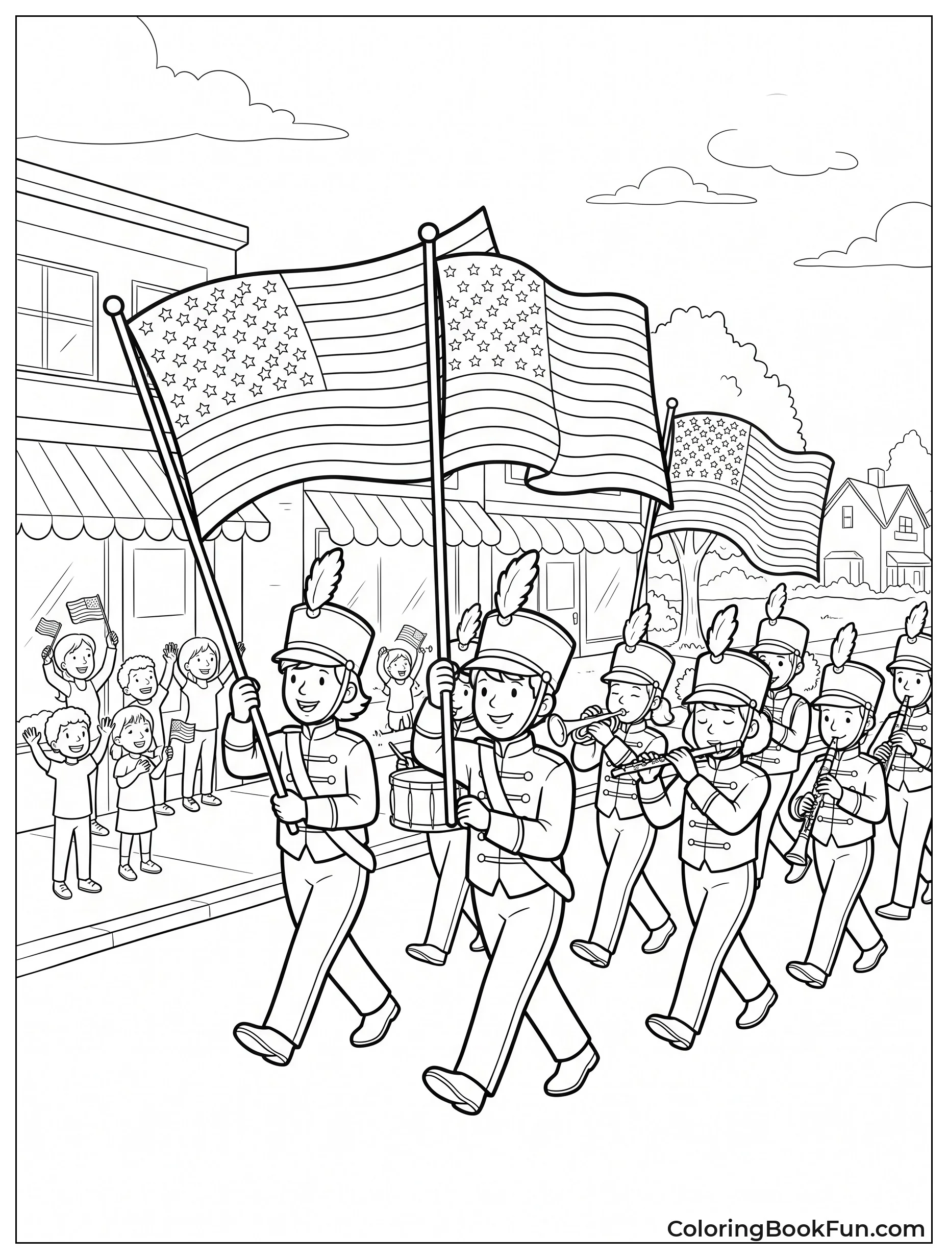 Band Marching and Waving Flags