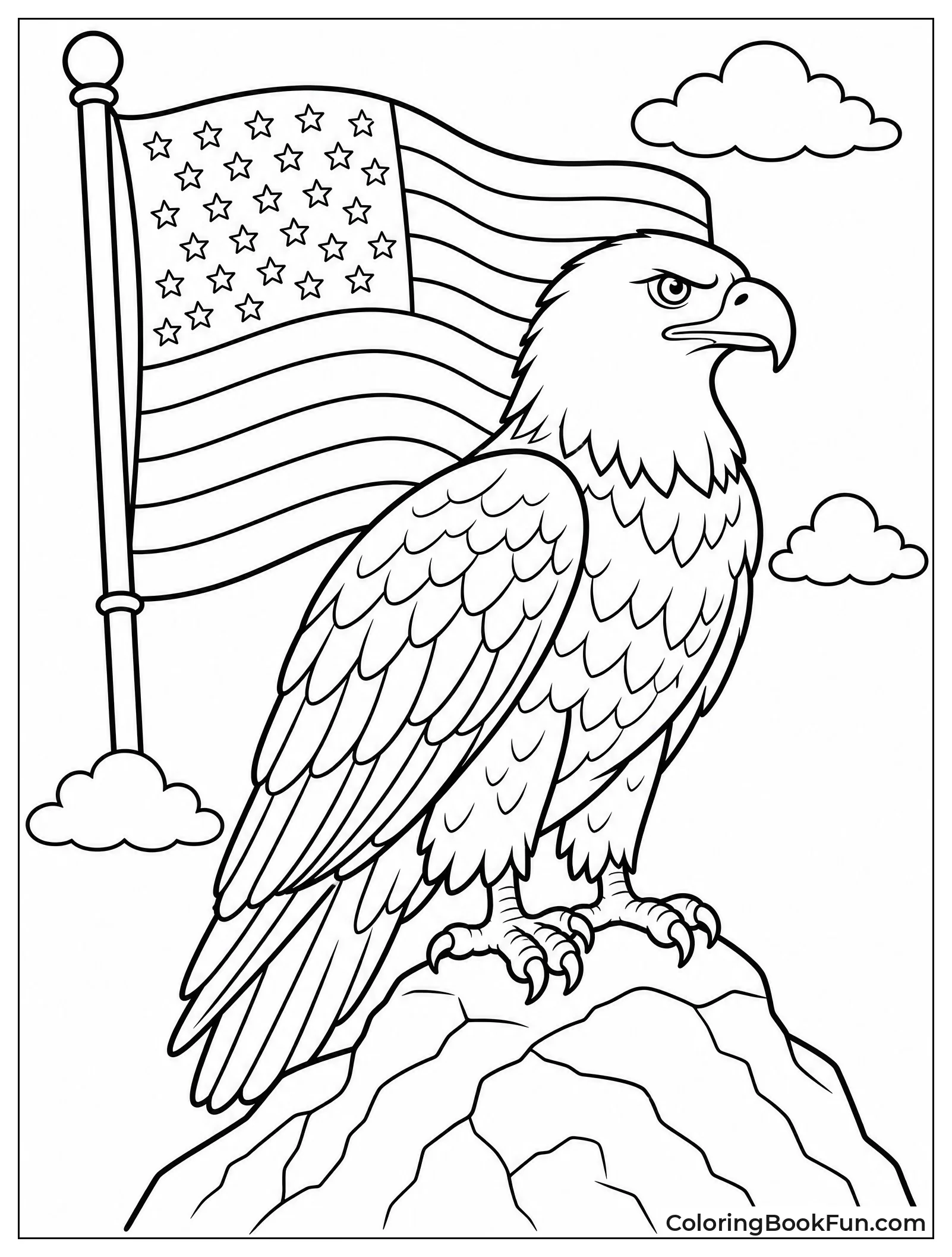 Eagle Perched by American Flag