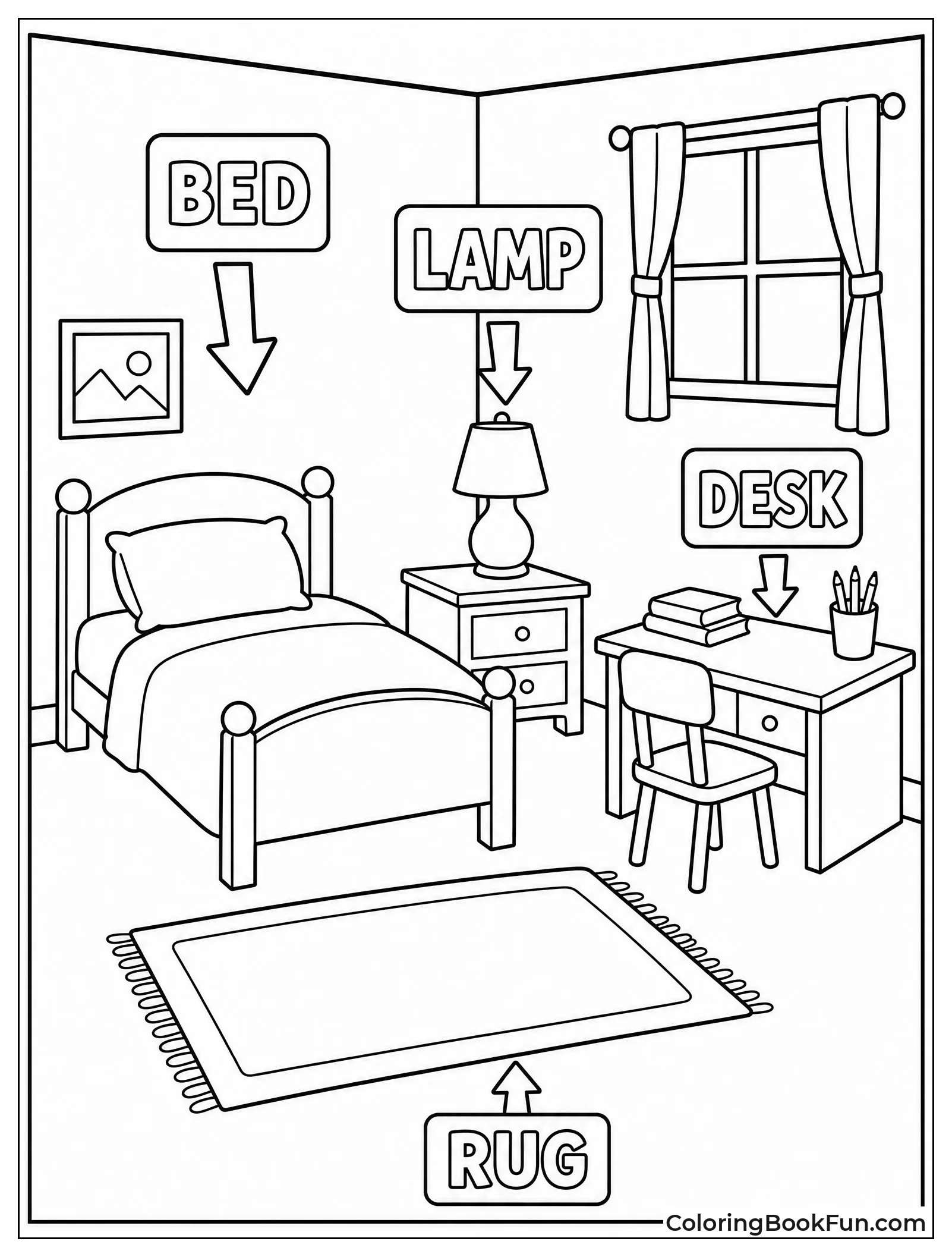 Bedroom Items with Labels and Arrows