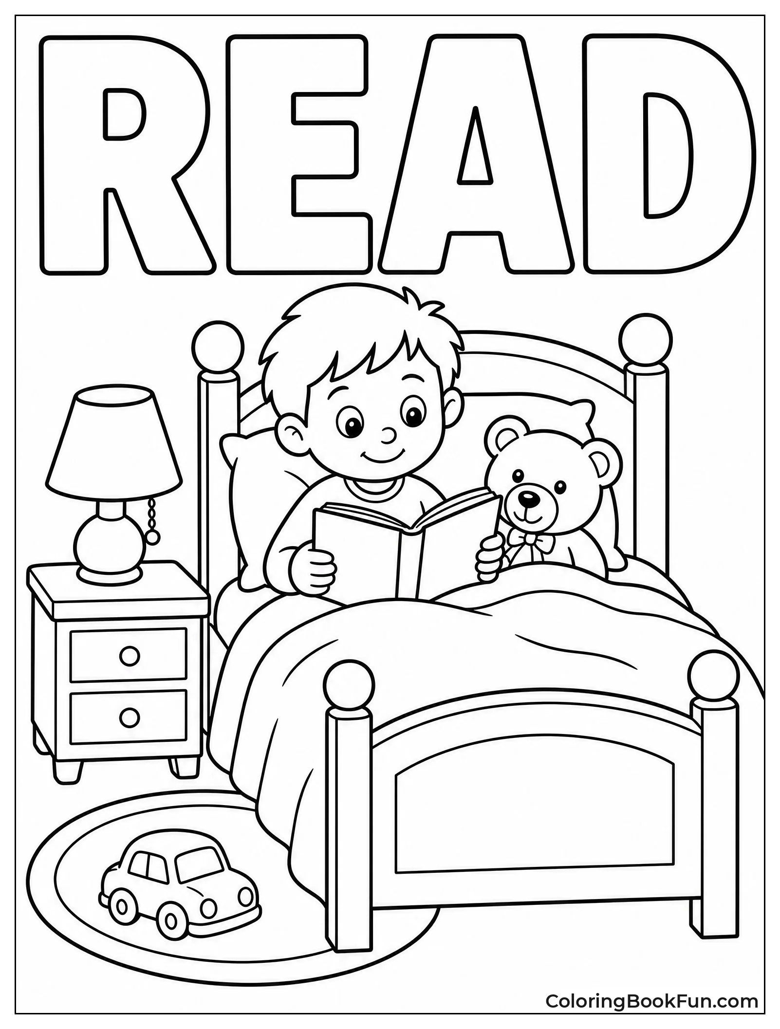 Child Reading a Book in Bed