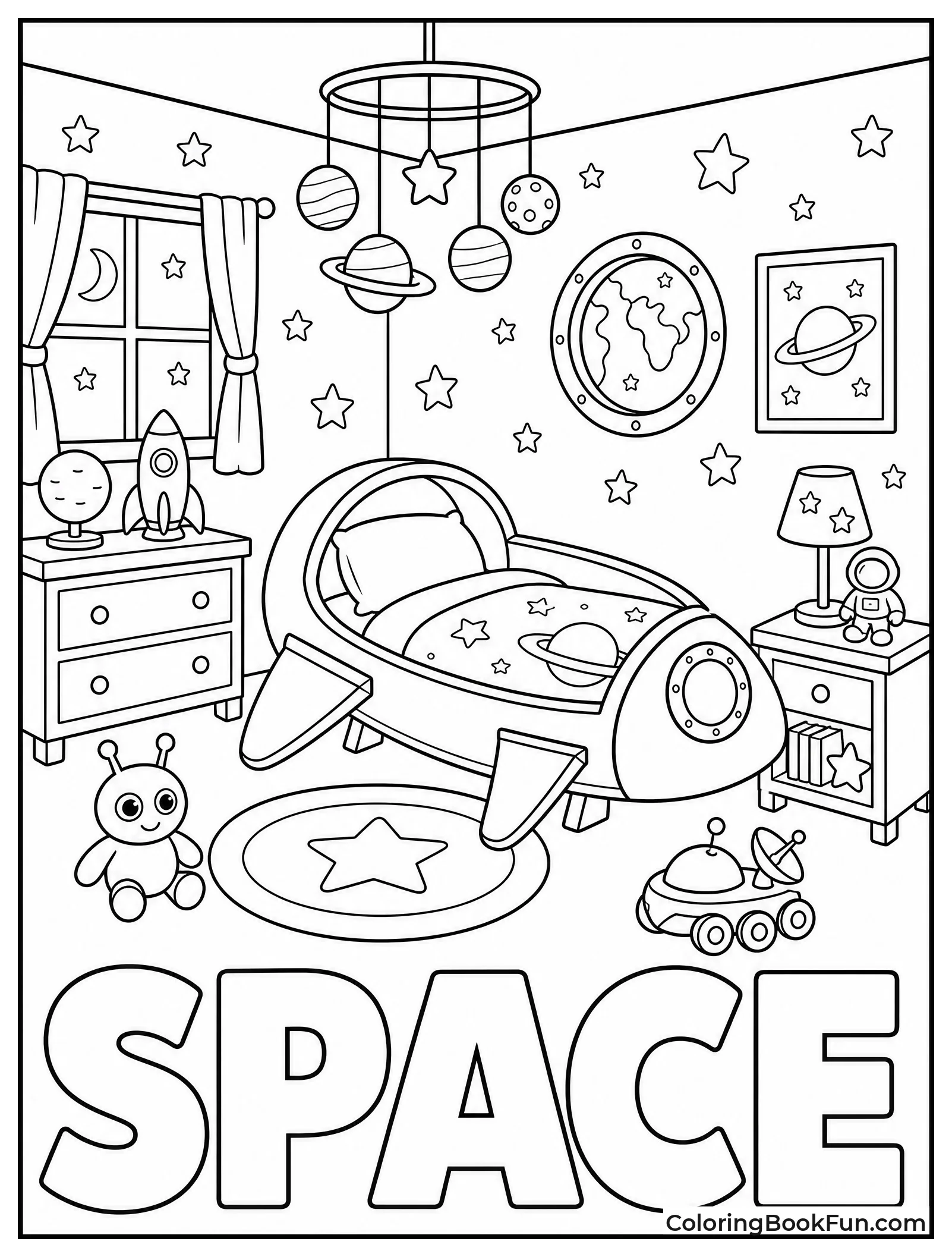 Space Themed Bedroom with Rocket Bed