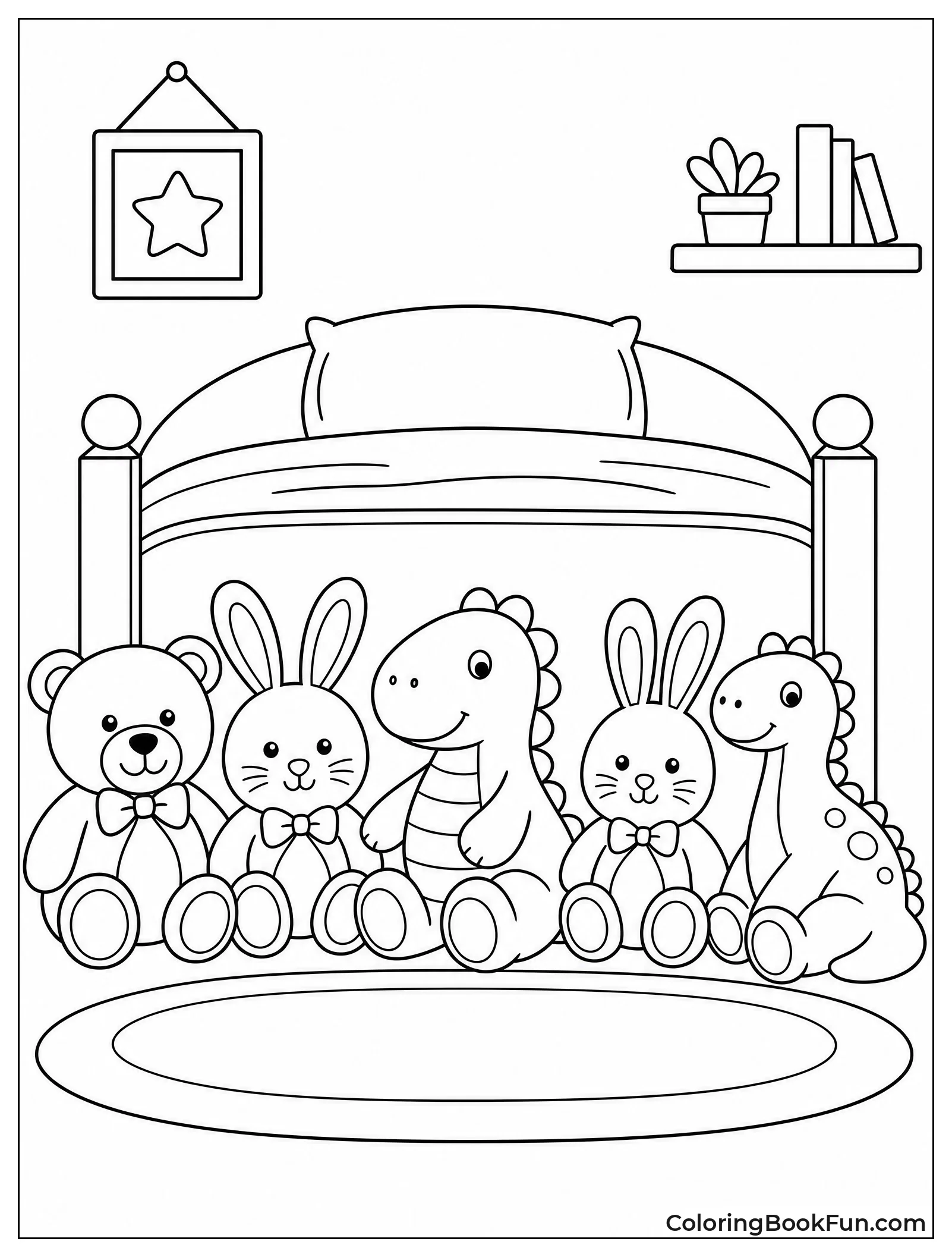 Stuffed Animals Lined Up on Bed
