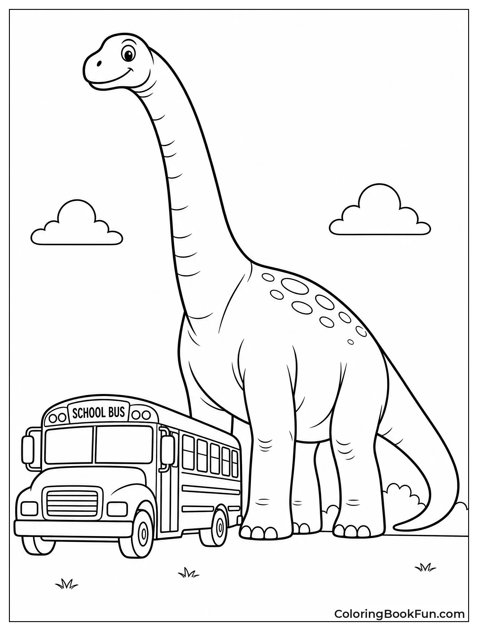 Brachiosaurus Standing beside School Bus