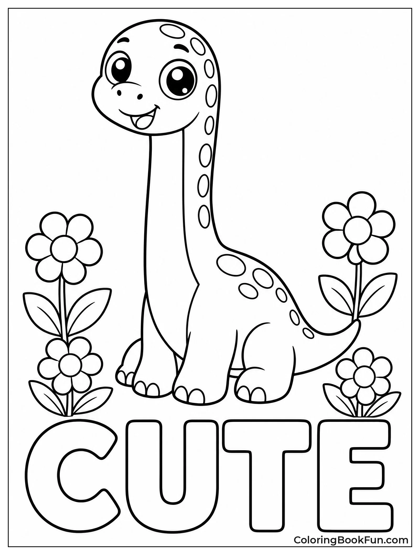 Kawaii Brachiosaurus Sitting among Flowers