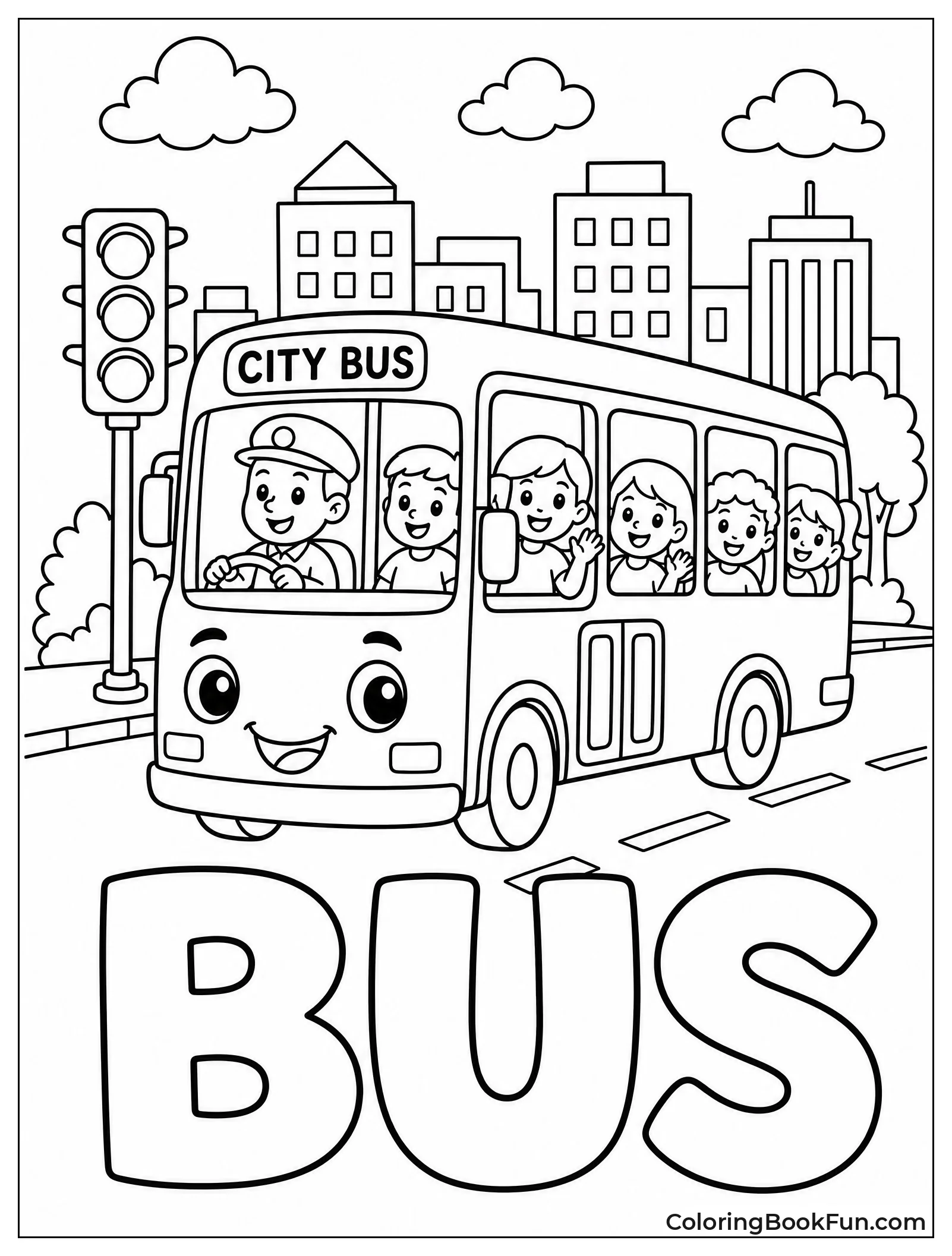 Cute Cartoon Bus With Happy Riders