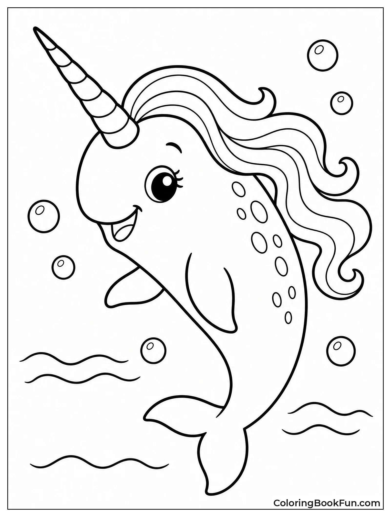 Cartoon Narwhal with Flowing Mane