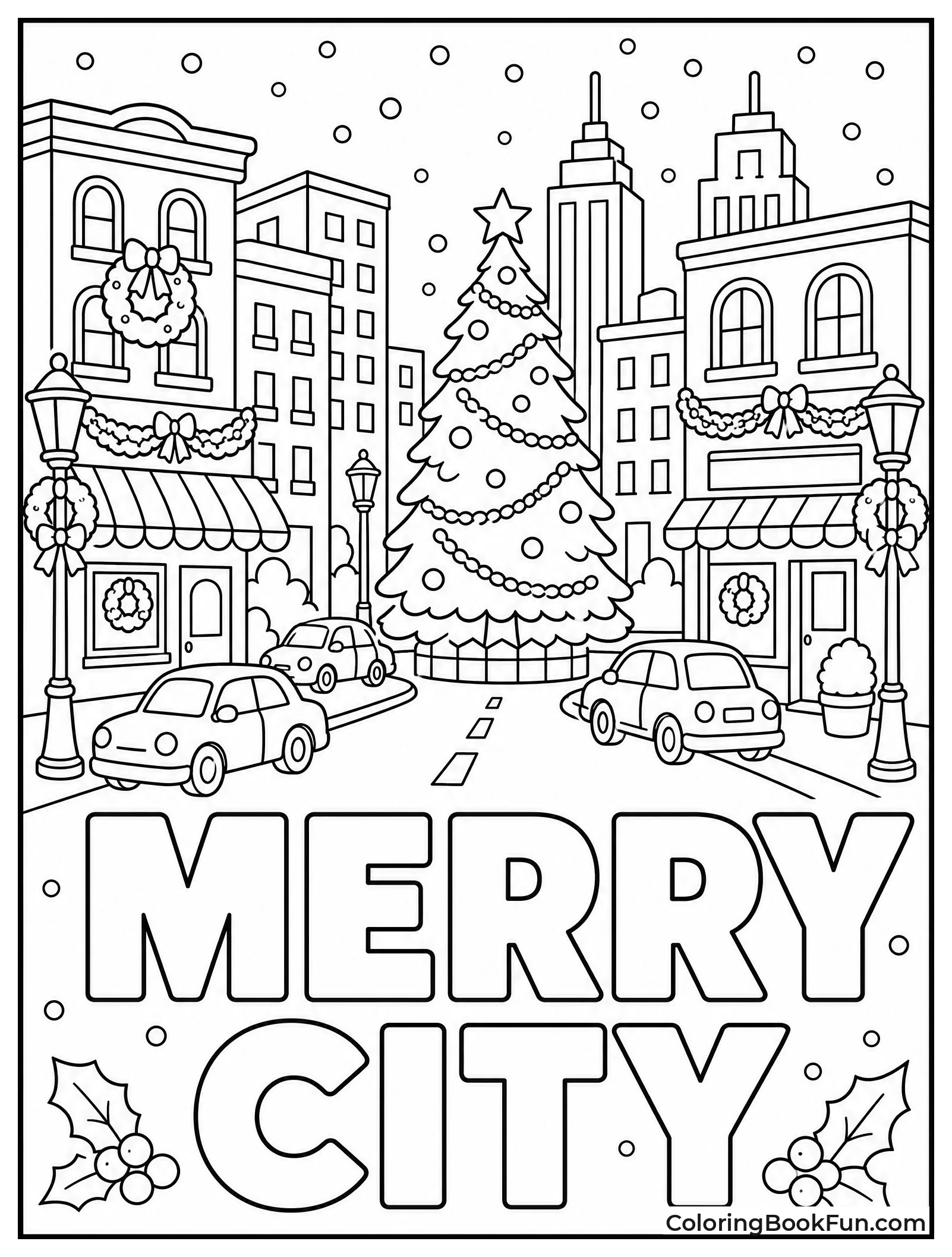 City Street With Christmas Lights and Snow