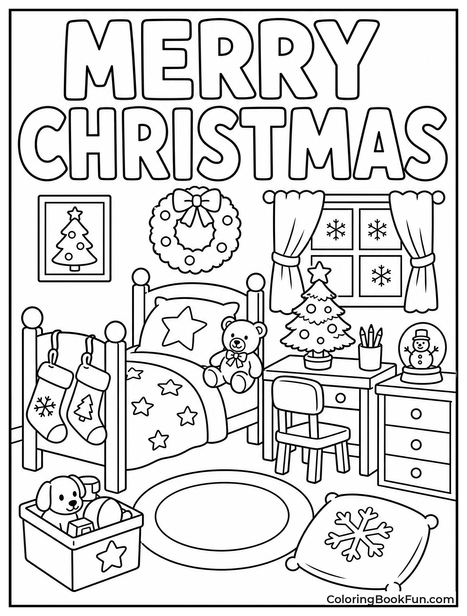 Christmas Bedroom with Stockings and Tree