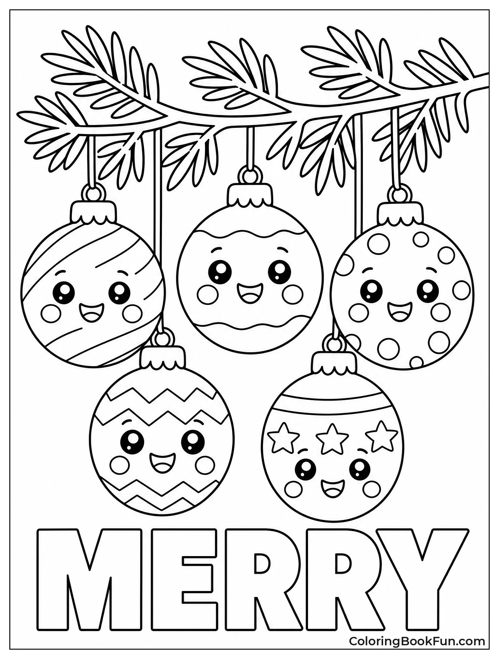 Group of Smiling Ornaments on Branch