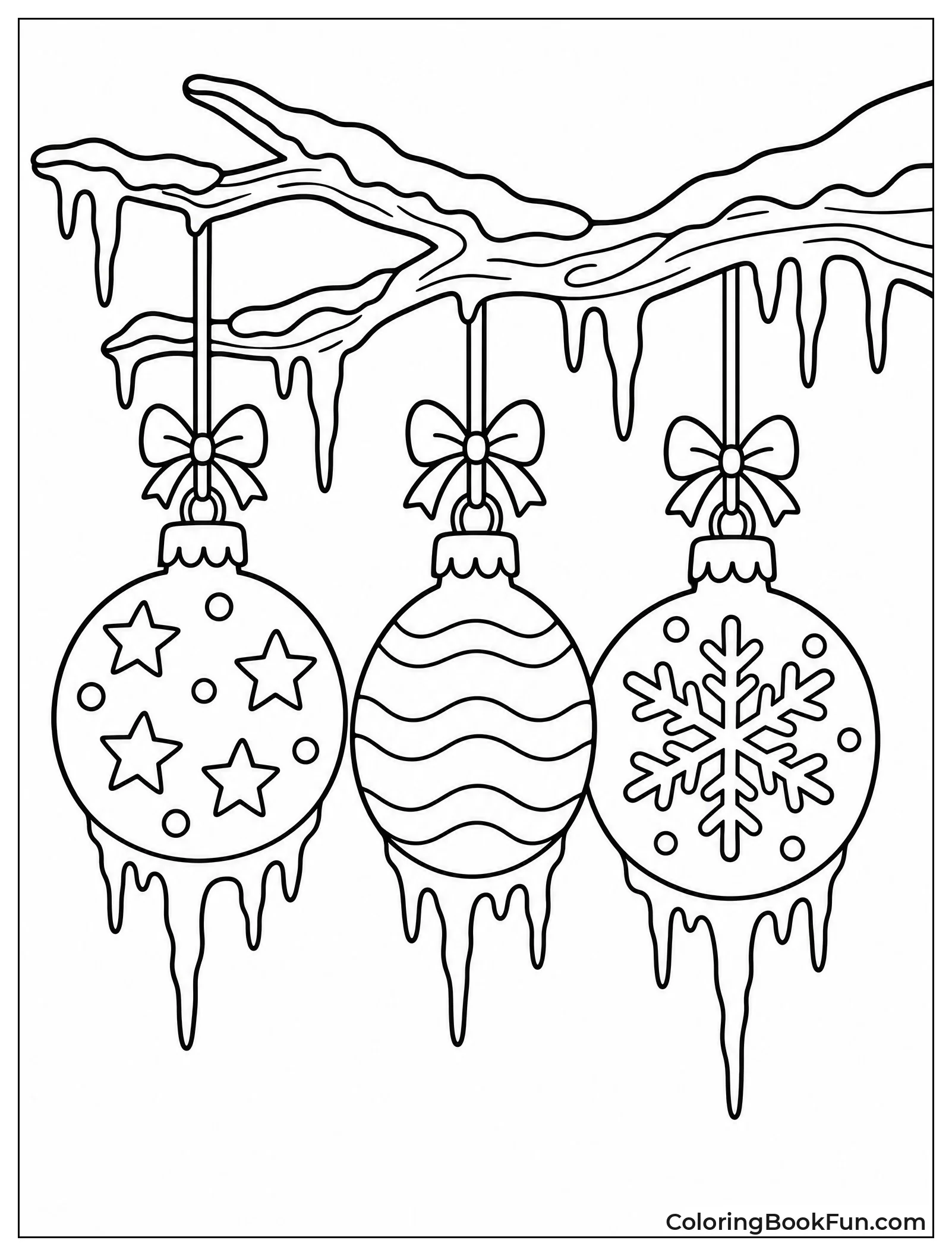 Frozen Ornaments on Icy Tree Branch