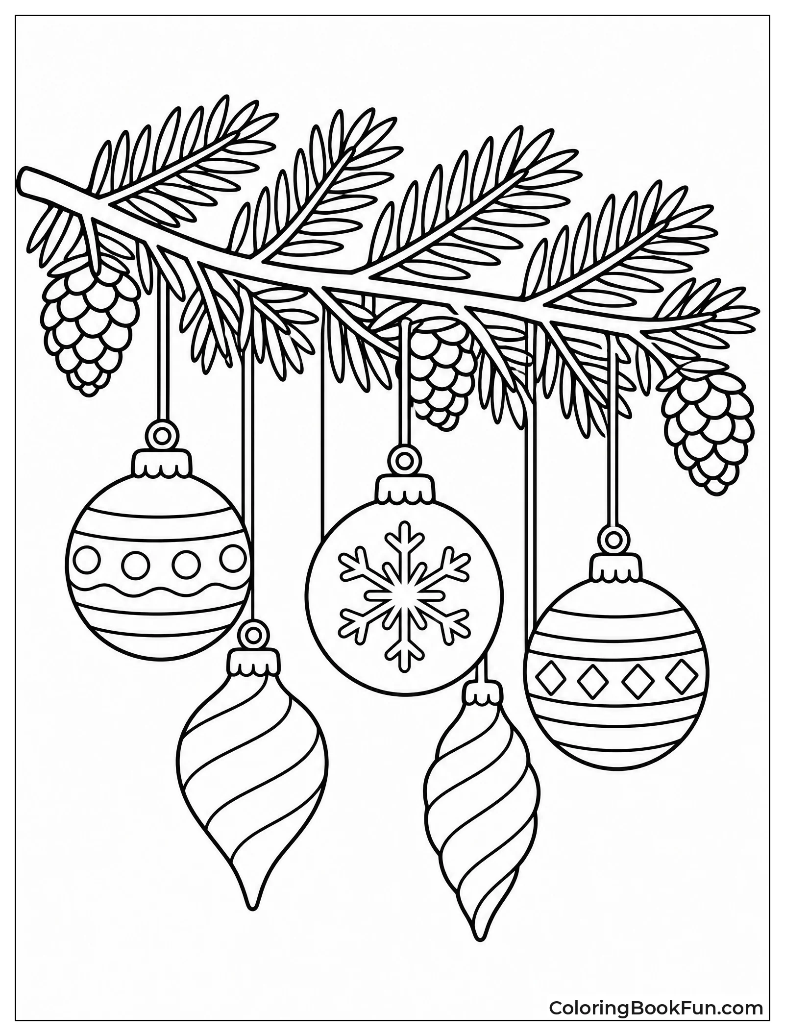 Cluster of Ornaments on Evergreen Branch