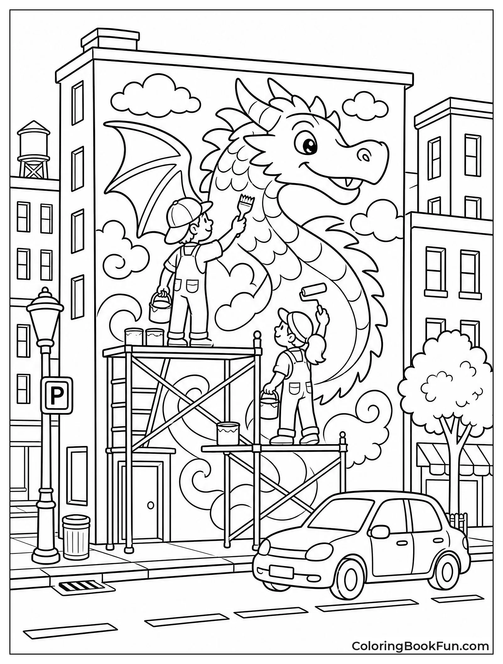 Artists Painting a Giant Dragon Mural