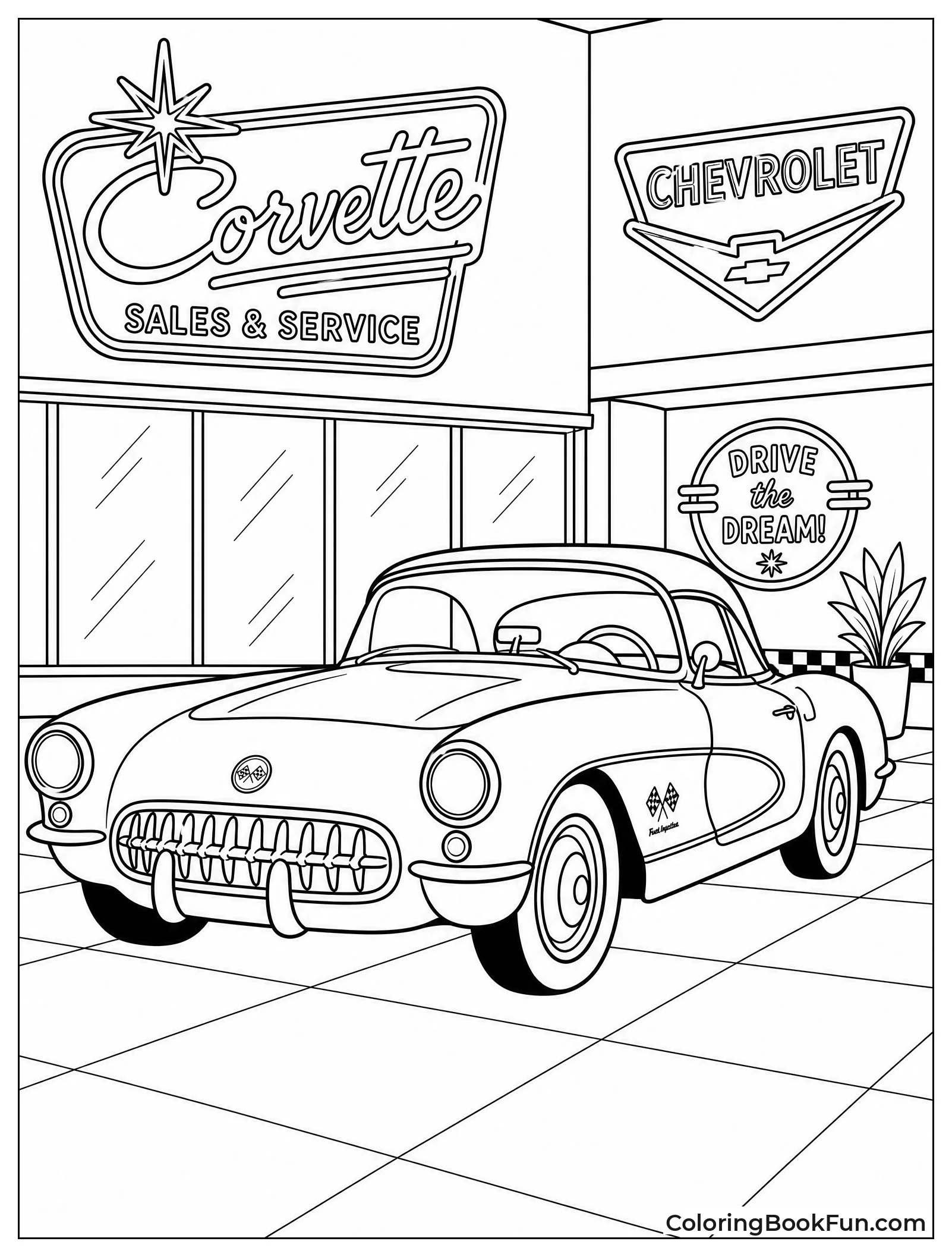 Corvette Parked in Retro Showroom