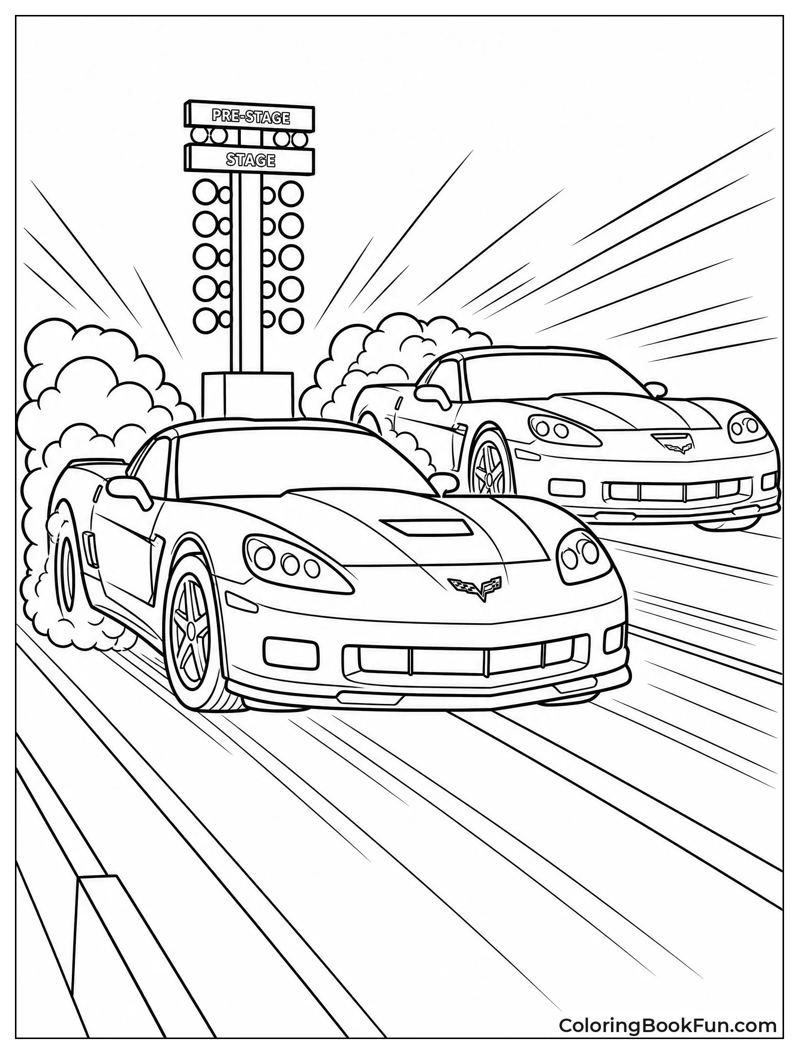 Two Corvettes Launching at Drag Strip