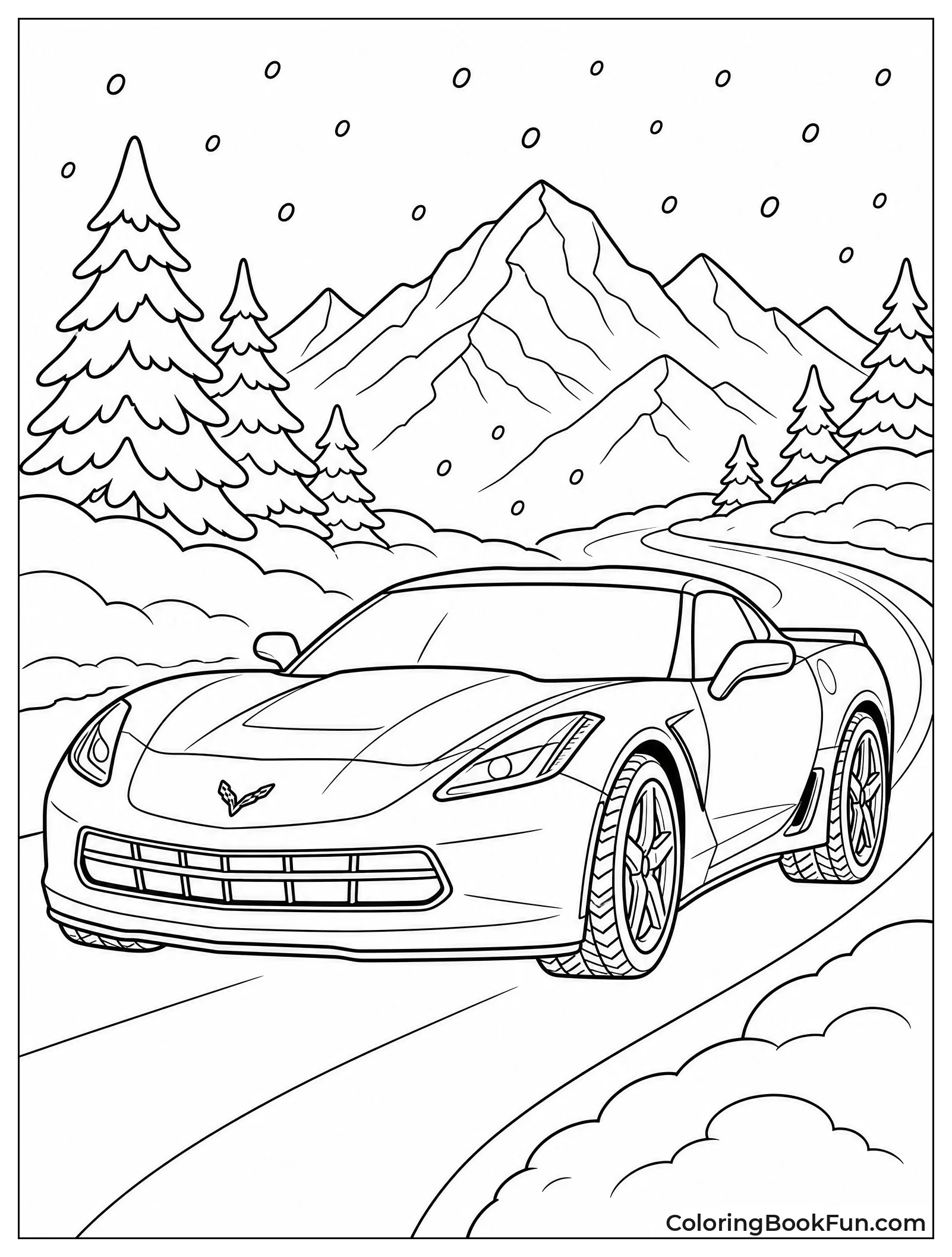 Corvette Driving through Snowy Pass