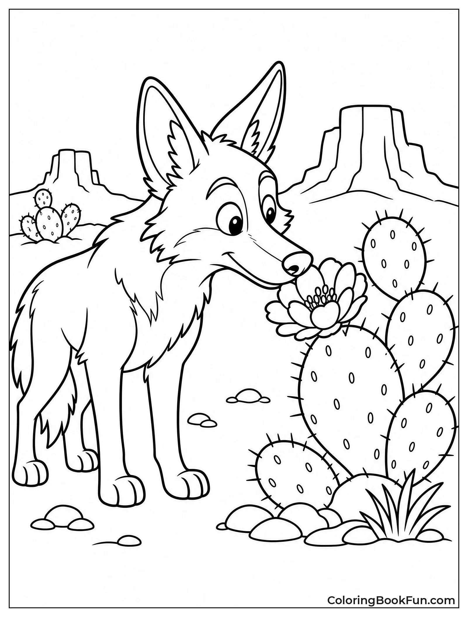Coyote Sniffing Cactus Bloom