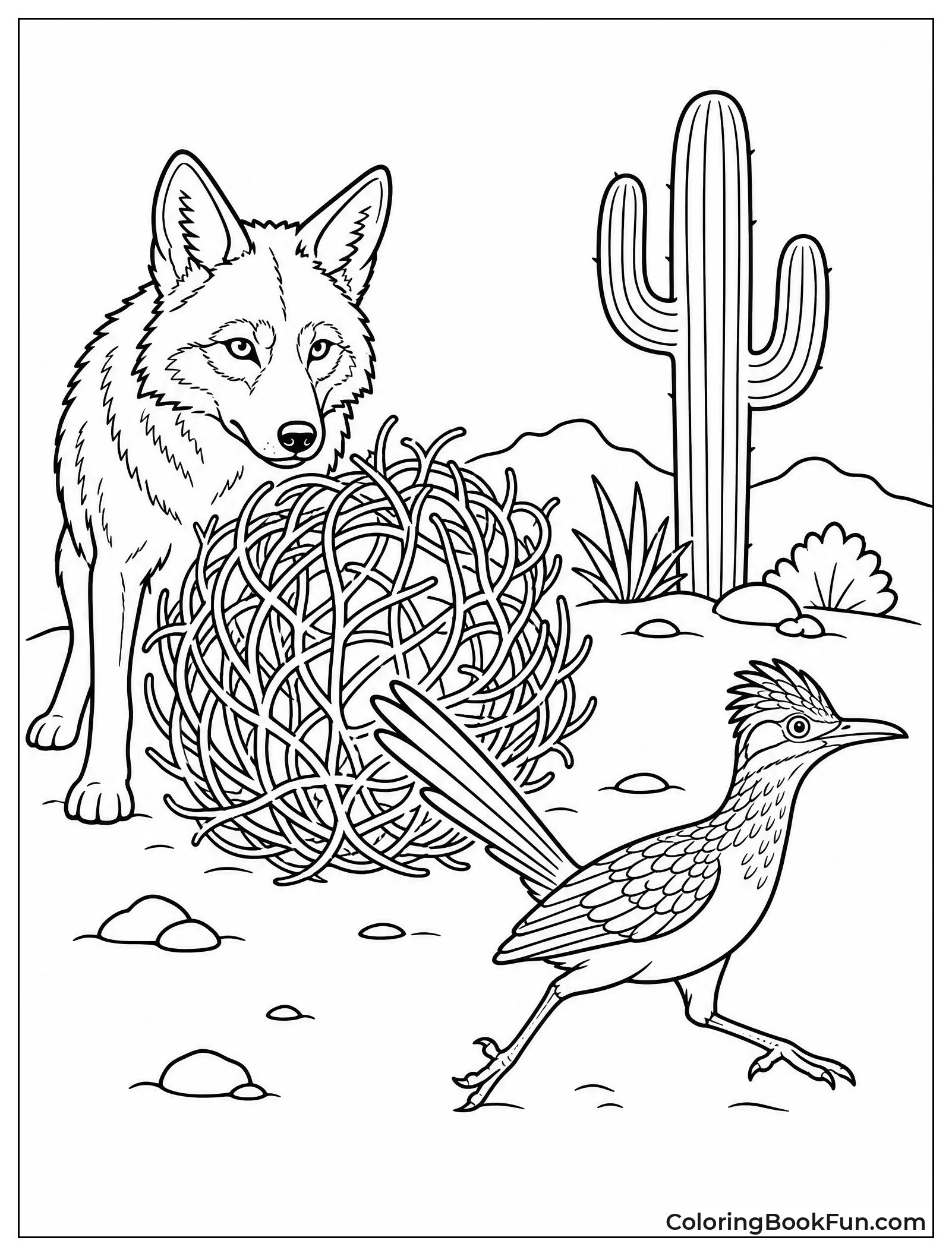 Coyote Watching Roadrunner Behind Tumbleweed