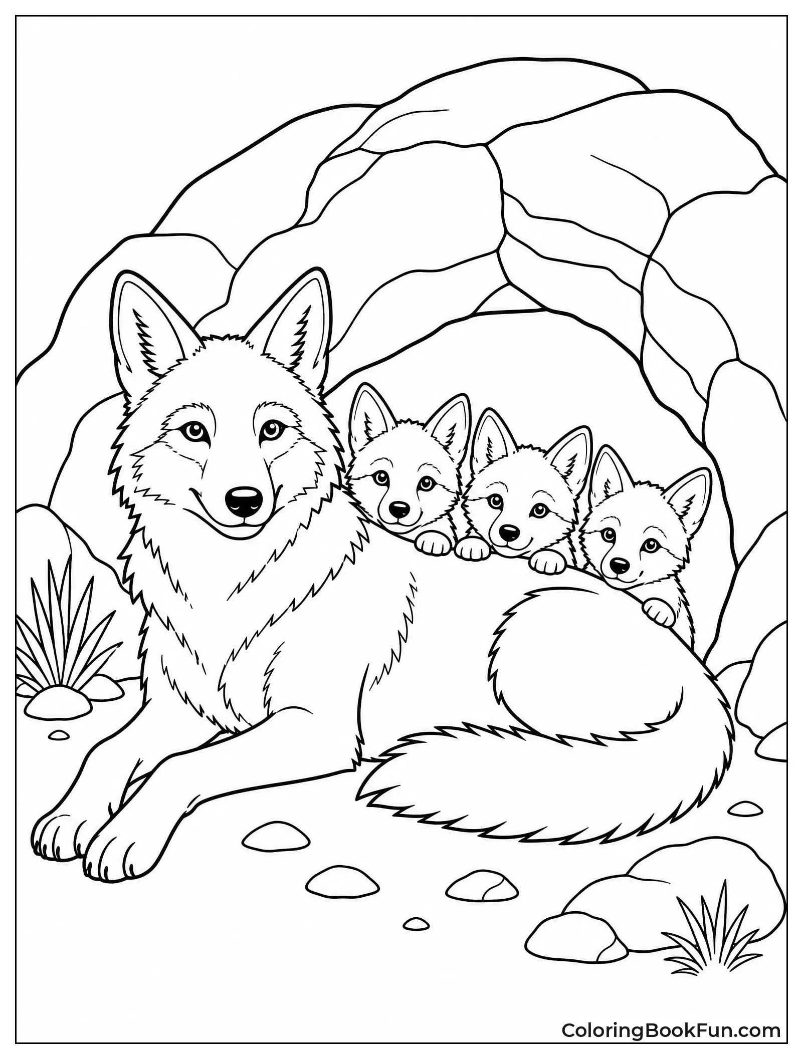 Mother Coyote Guarding Her Pups