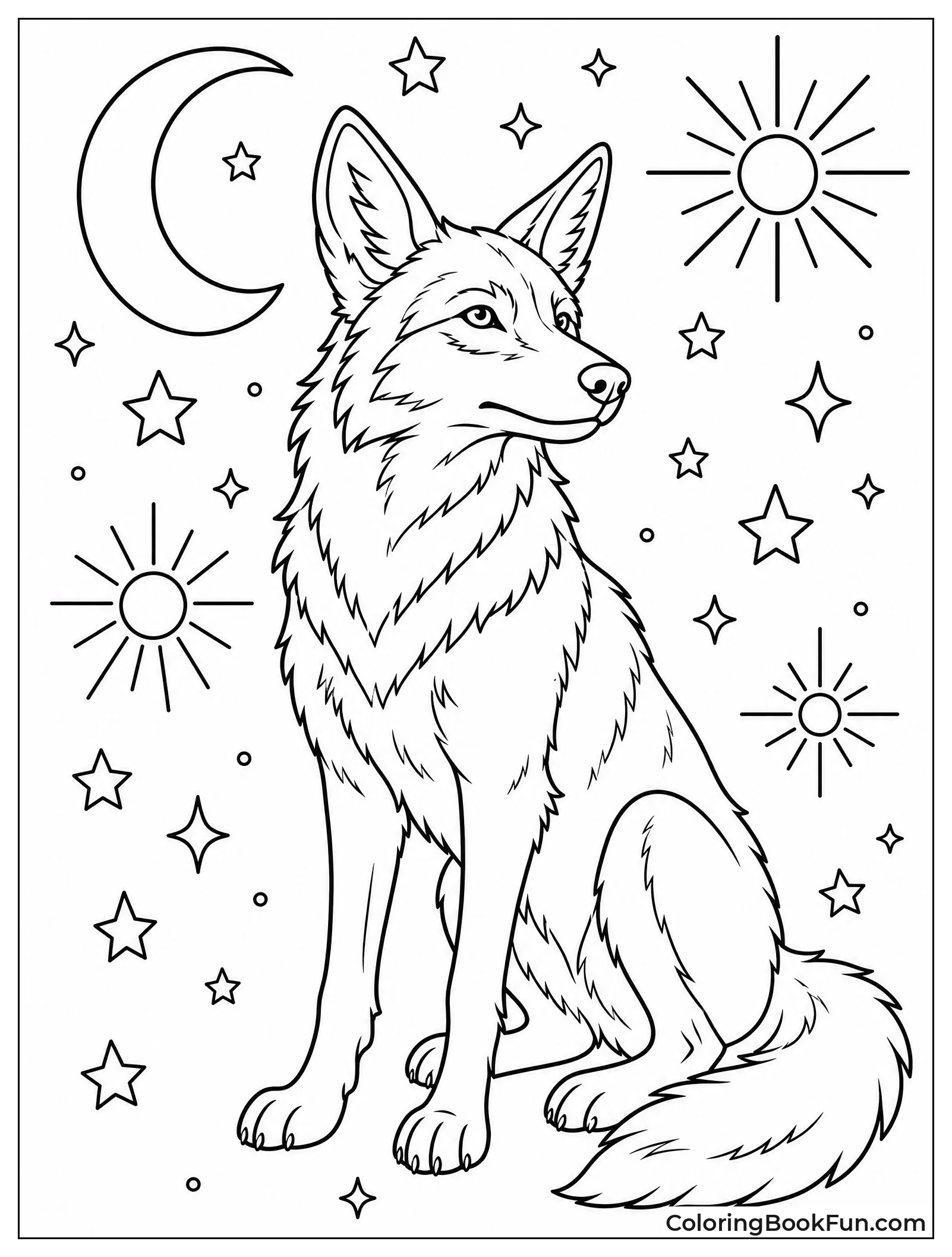 Mystical Coyote with Celestial Symbols