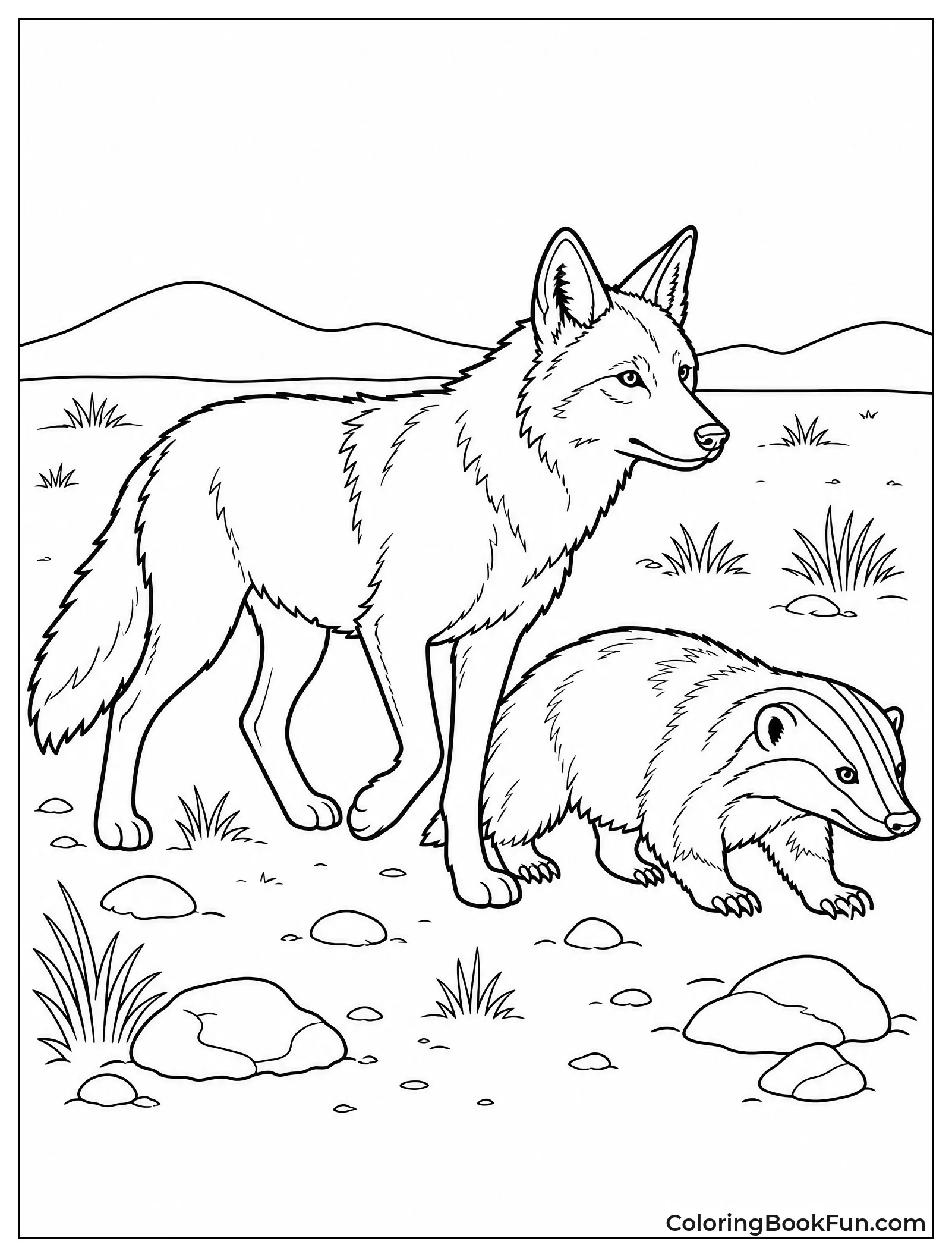 Coyote Hunting Alongside a Badger