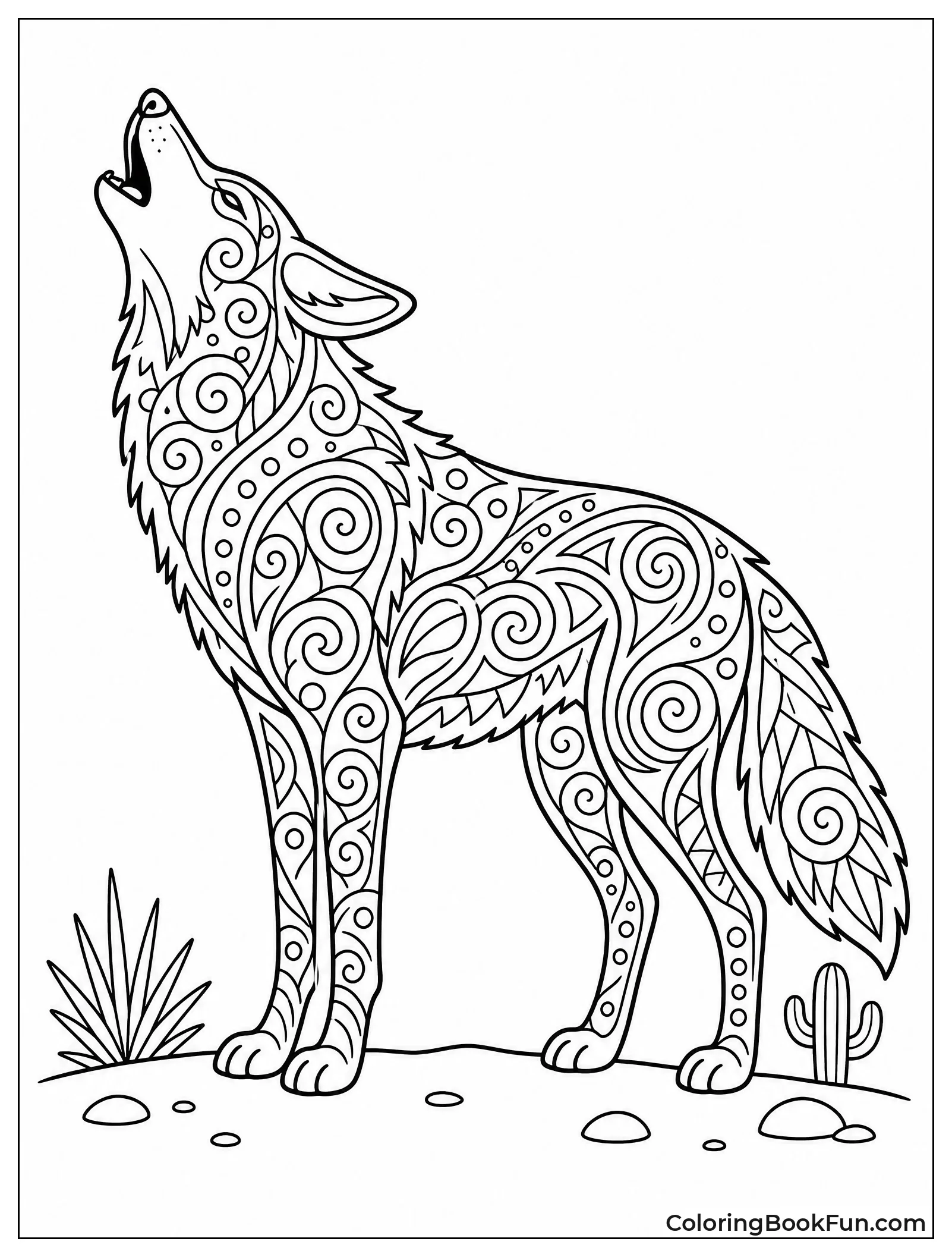 Howling Coyote with Swirling Patterns