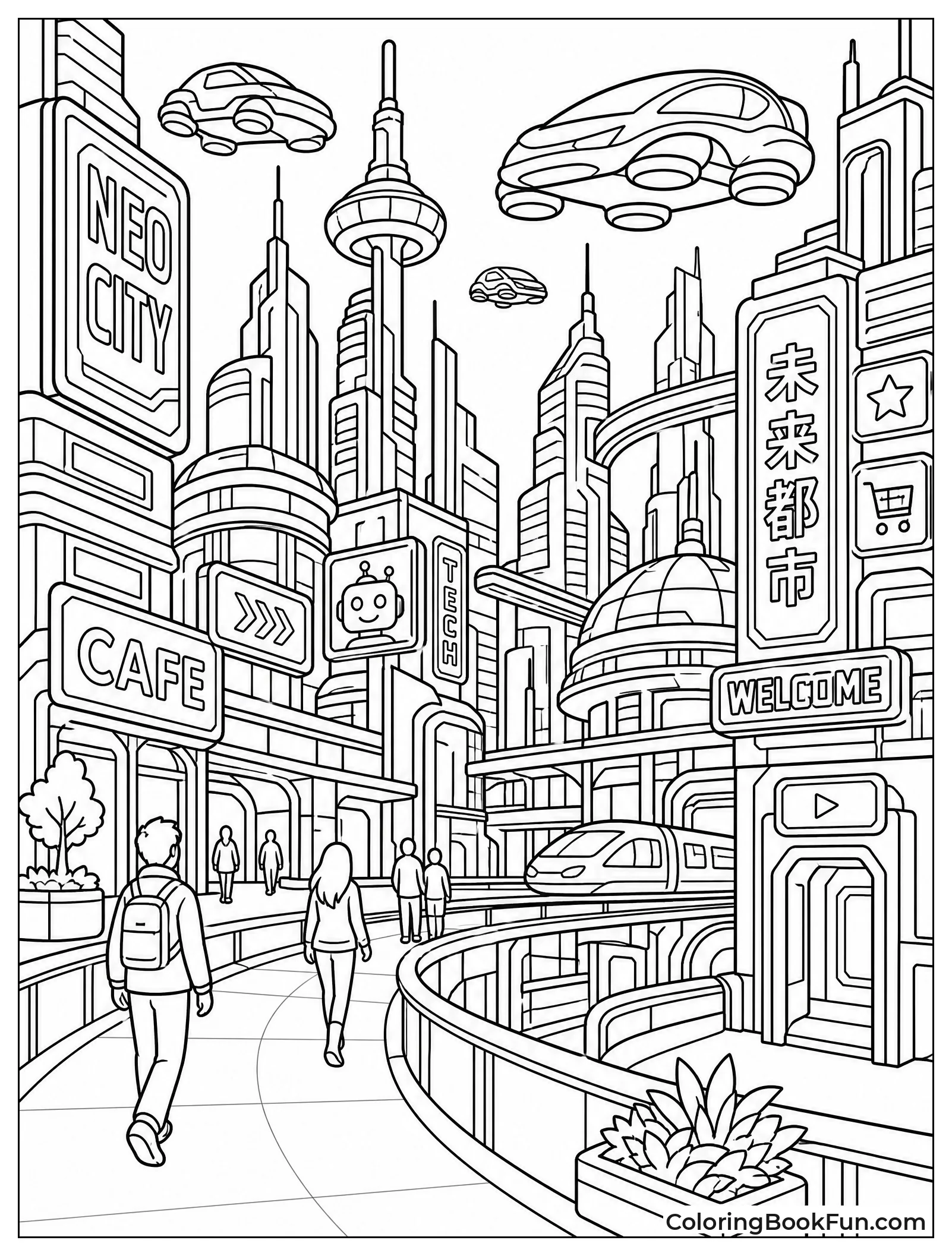 Futuristic Neon City With Flying Cars