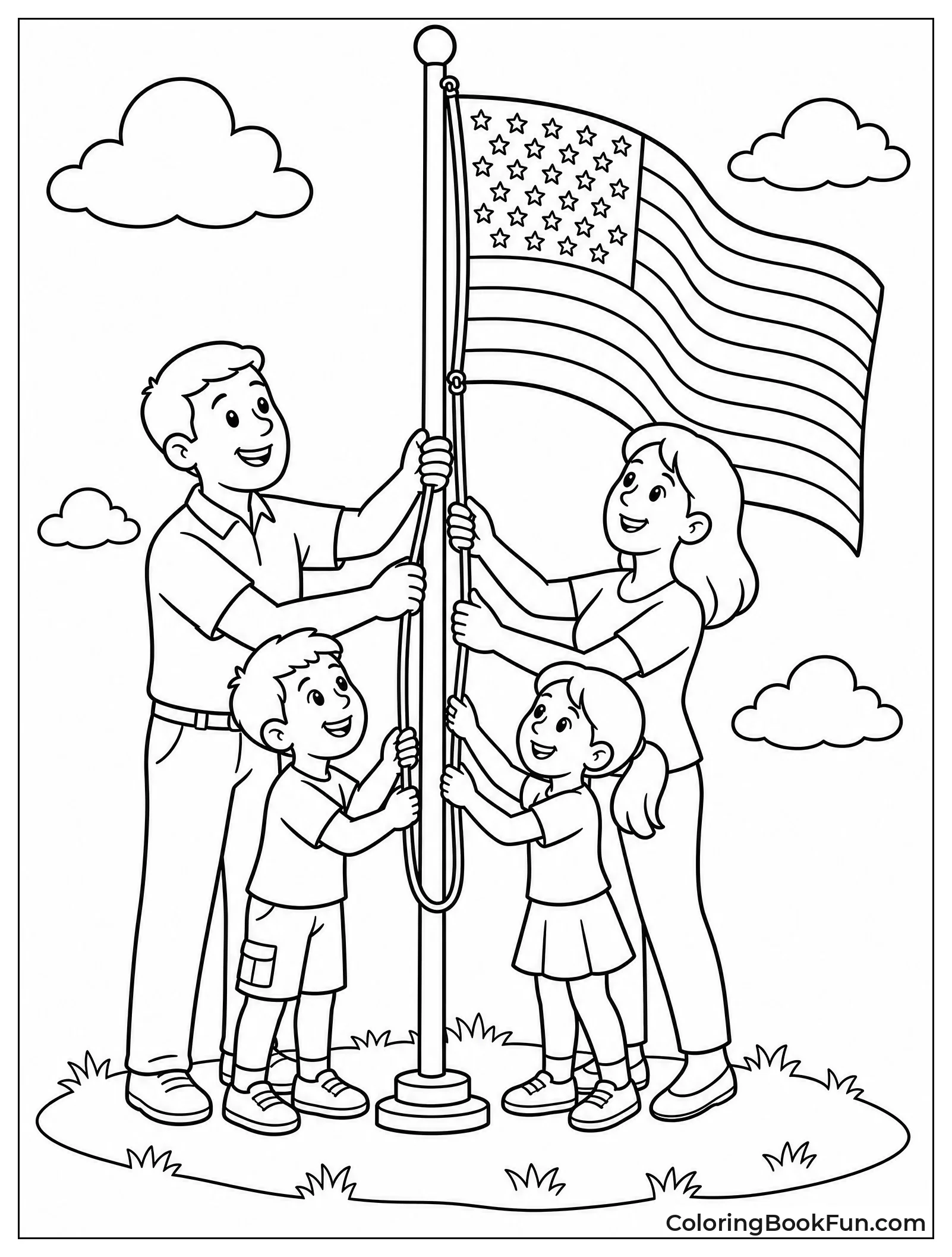 Family Raising American Flag Together