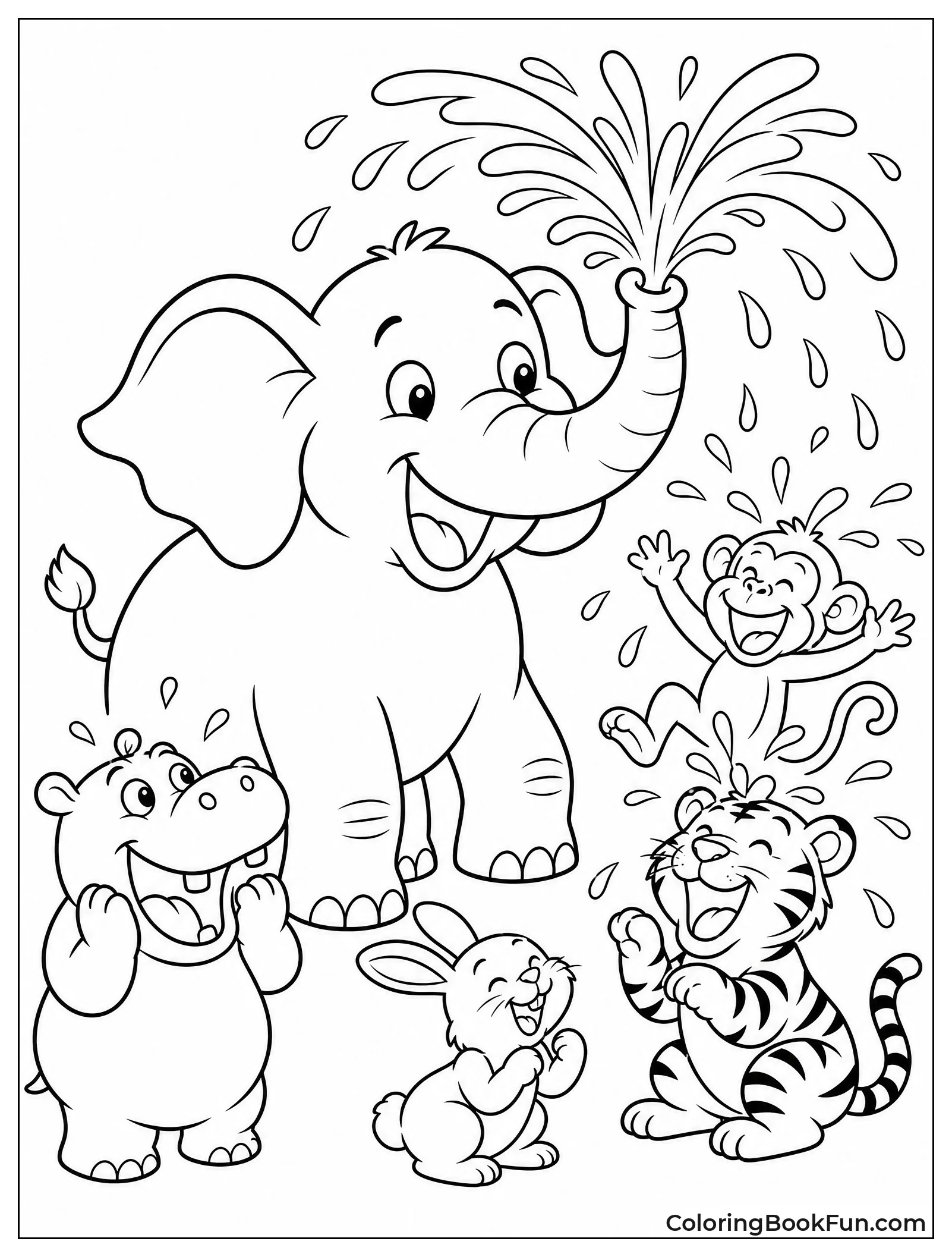 Elephant Sprays Water at Friends