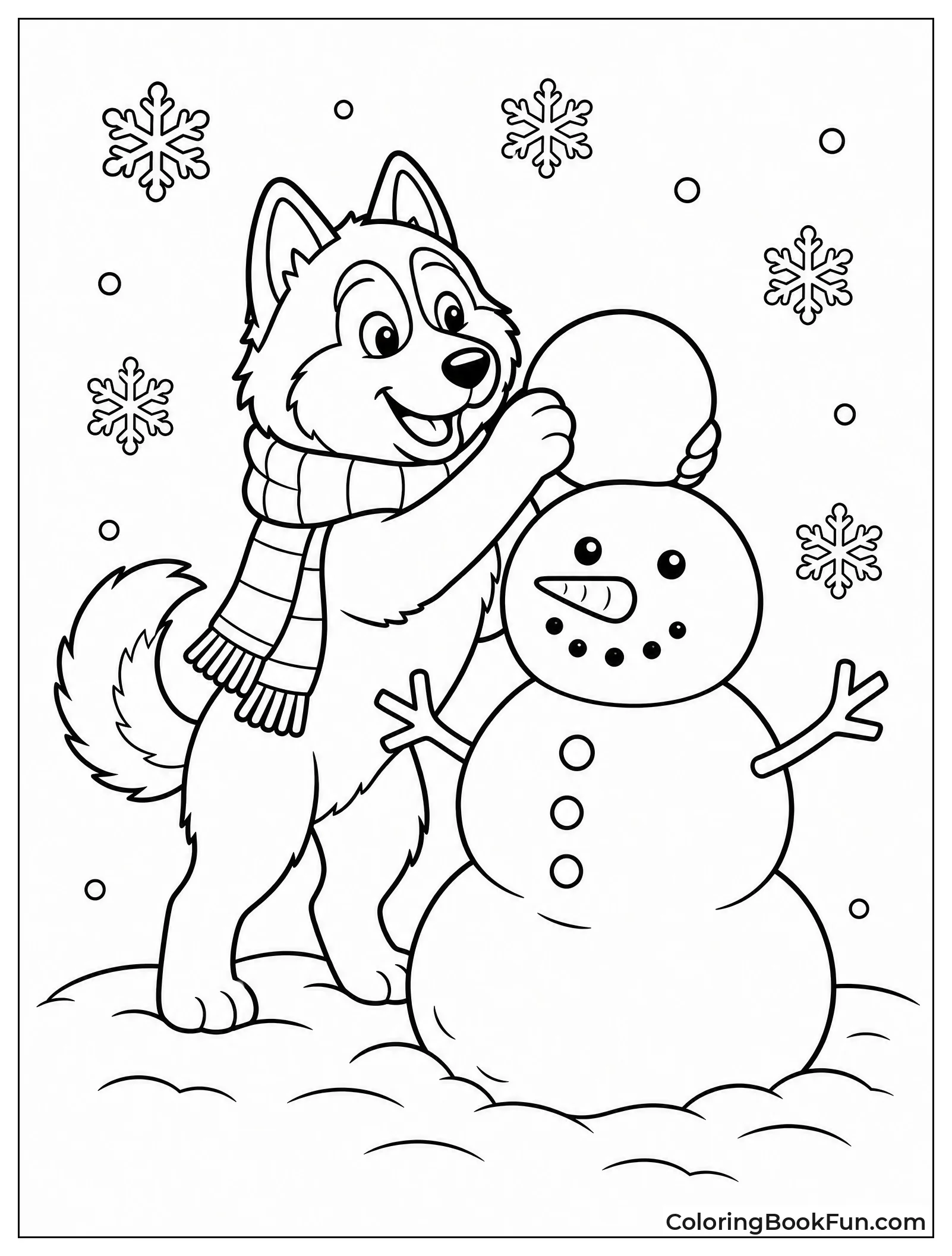 Husky Building Snowman