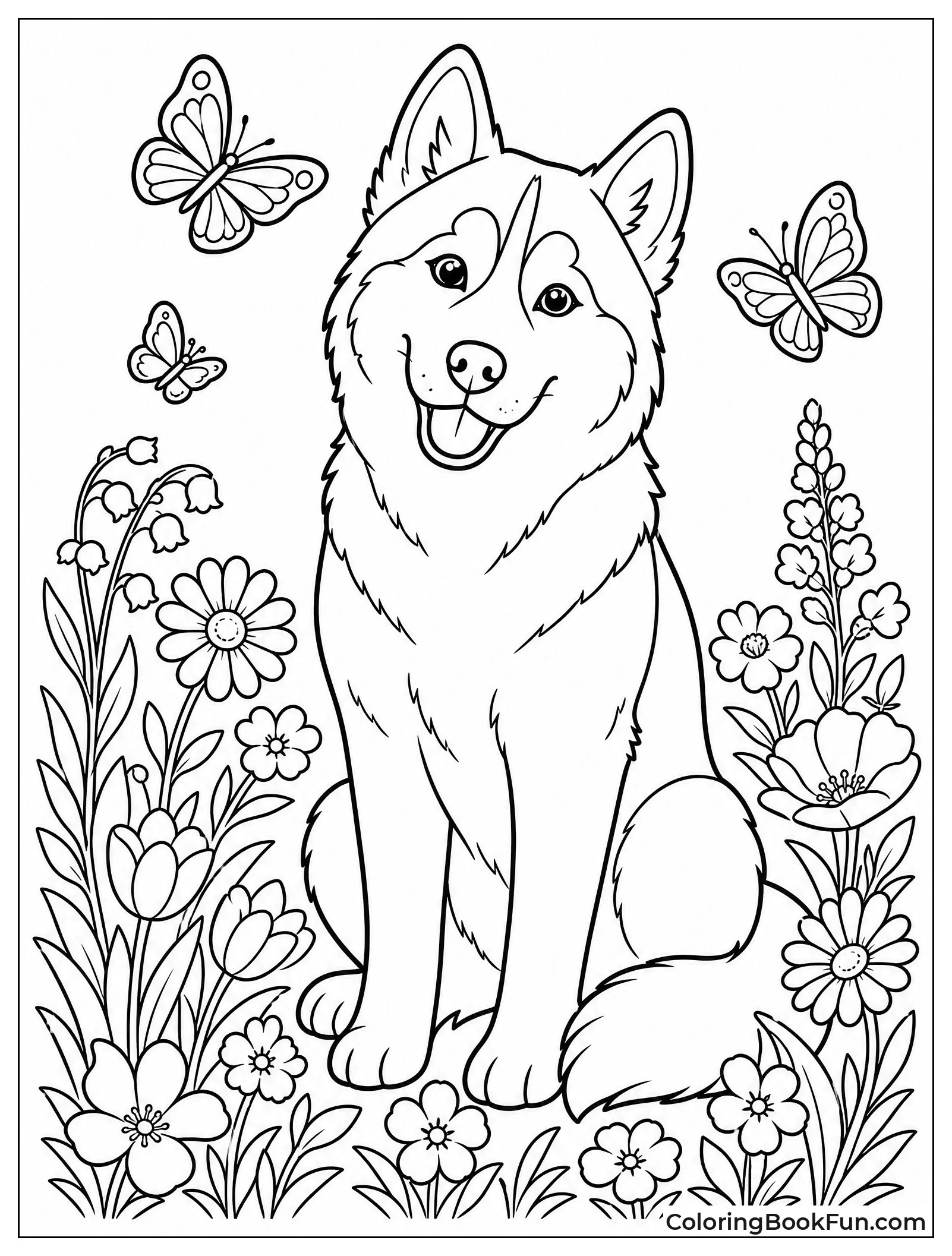 Husky in Flower Meadow