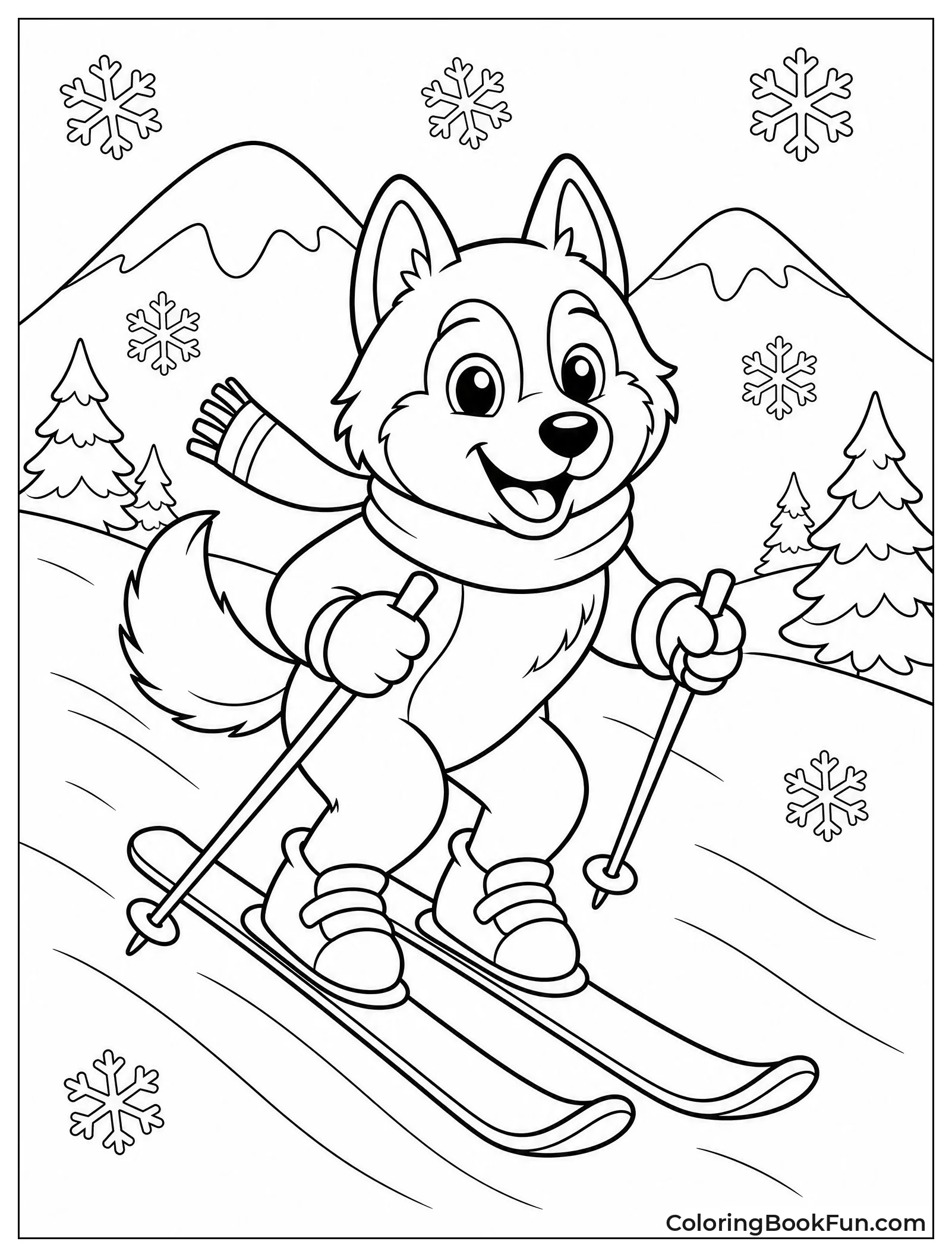 Husky Skiing Down Slope