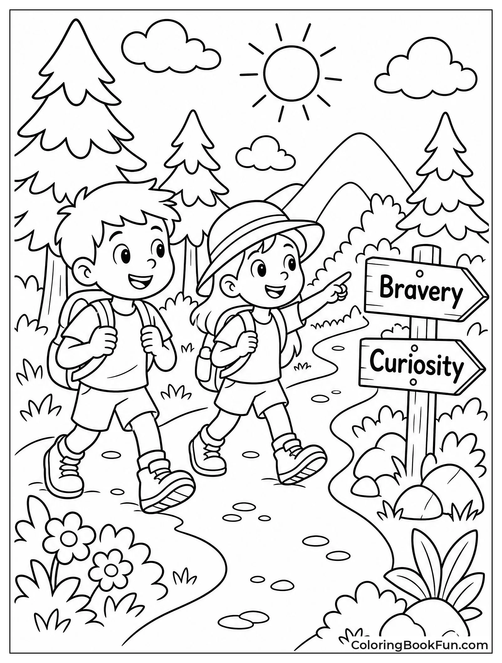 Kids Exploring Forest Path with Signs