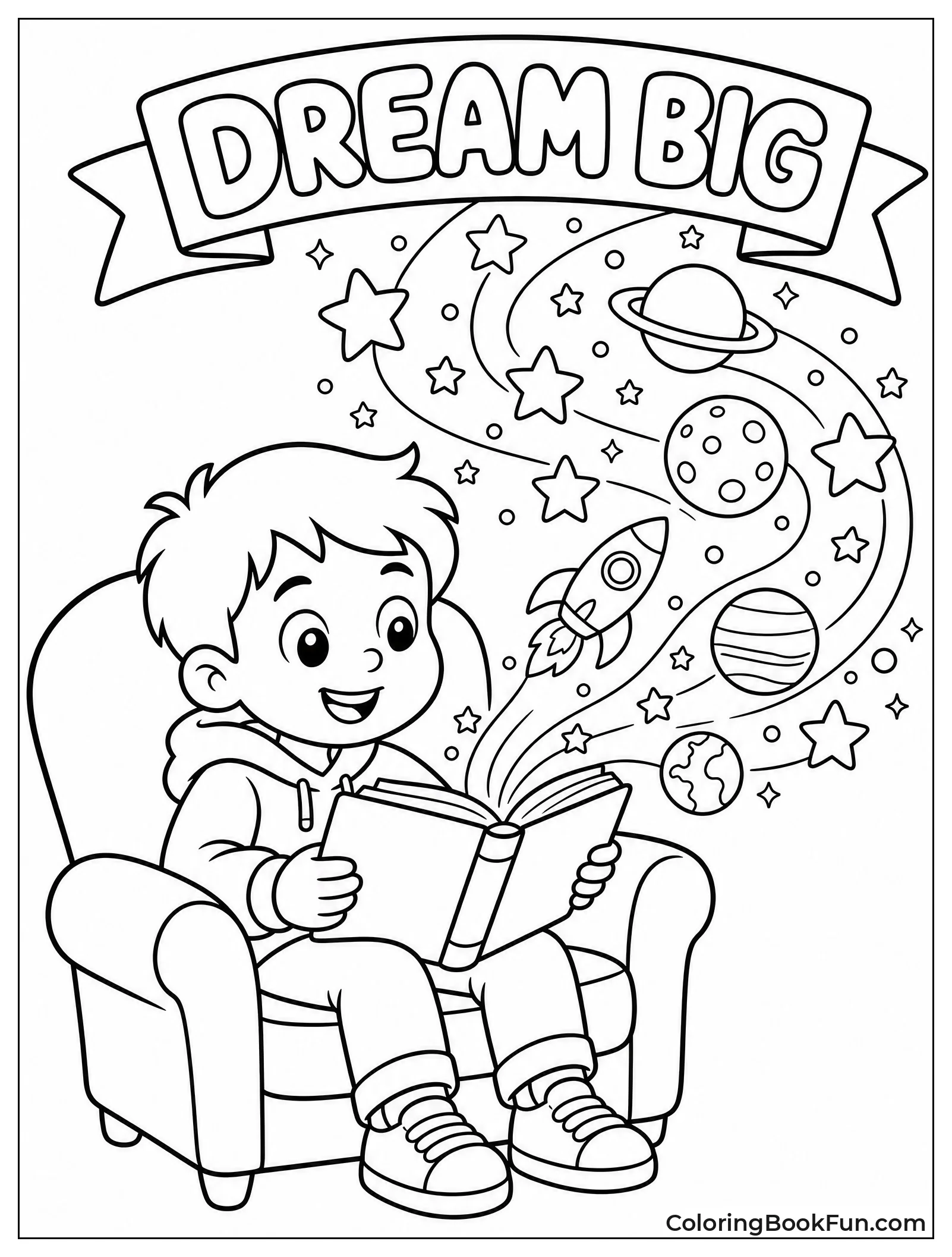 Child Reading Book with Swirling Stars