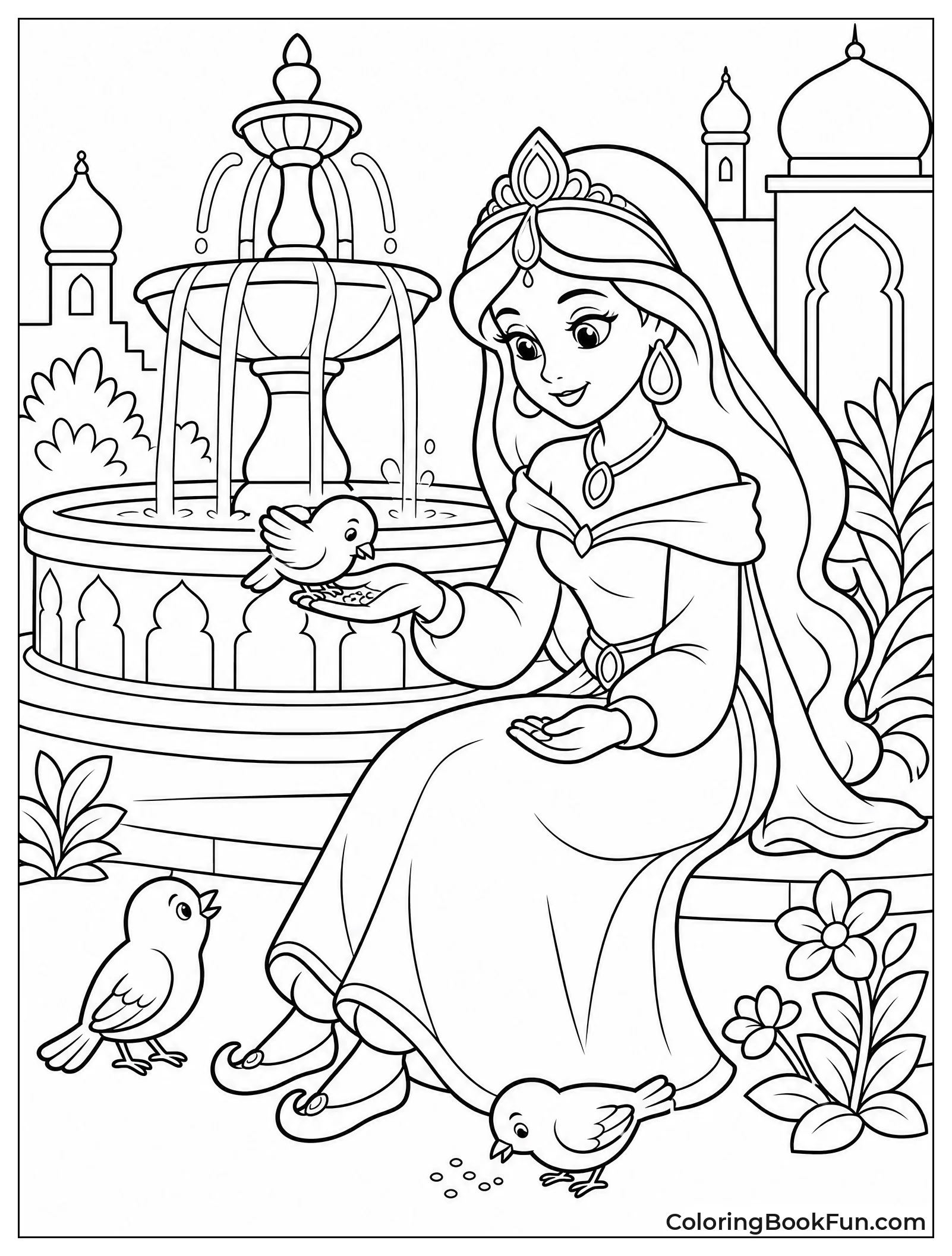 Jasmine Feeding Birds at Fountain