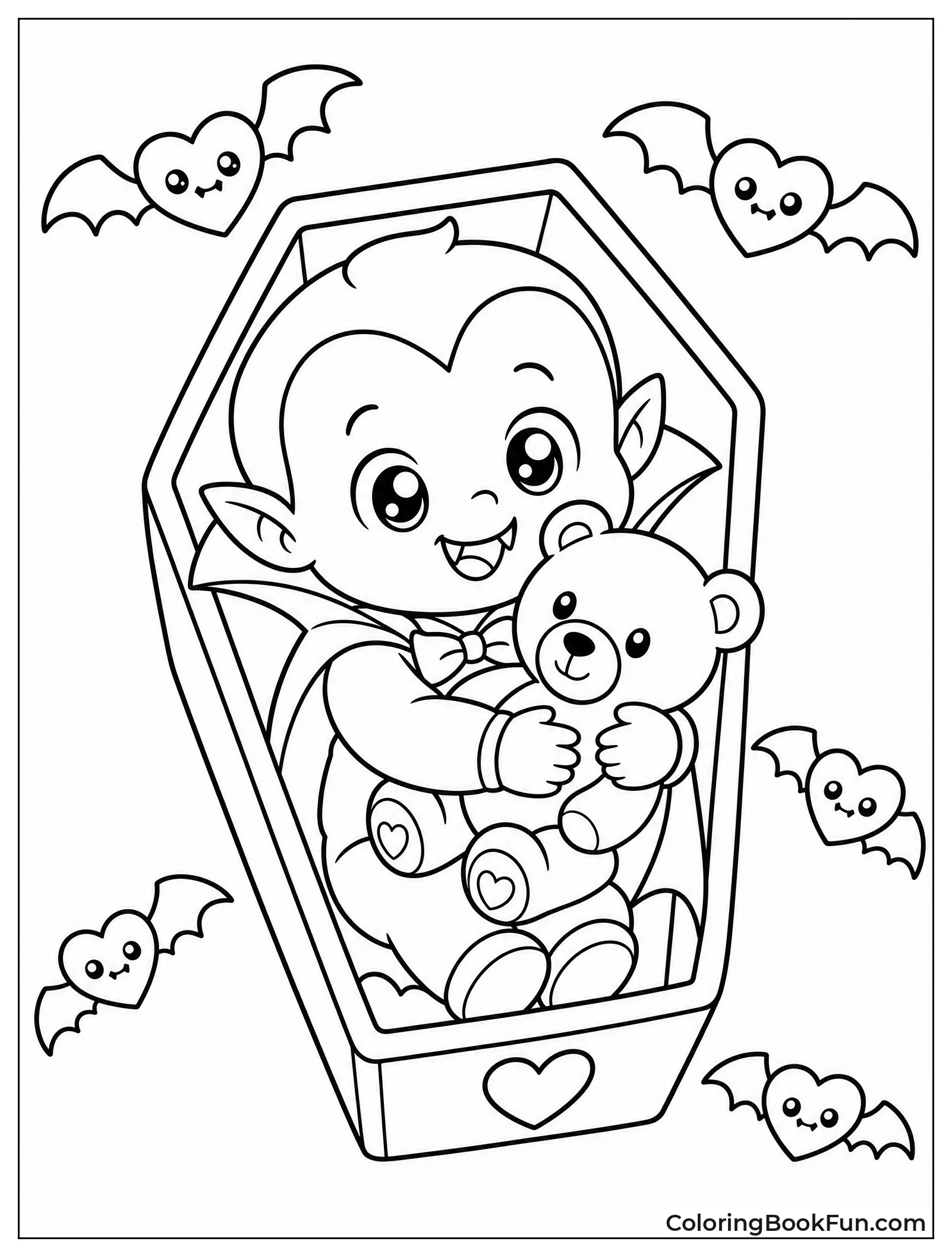 Baby Vampire Hugging Teddy in Coffin