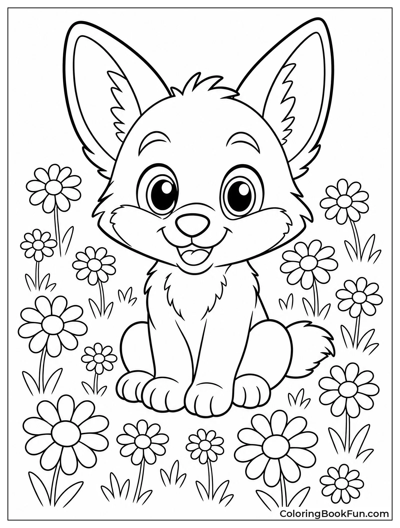 Cute Coyote Sitting in Daisies