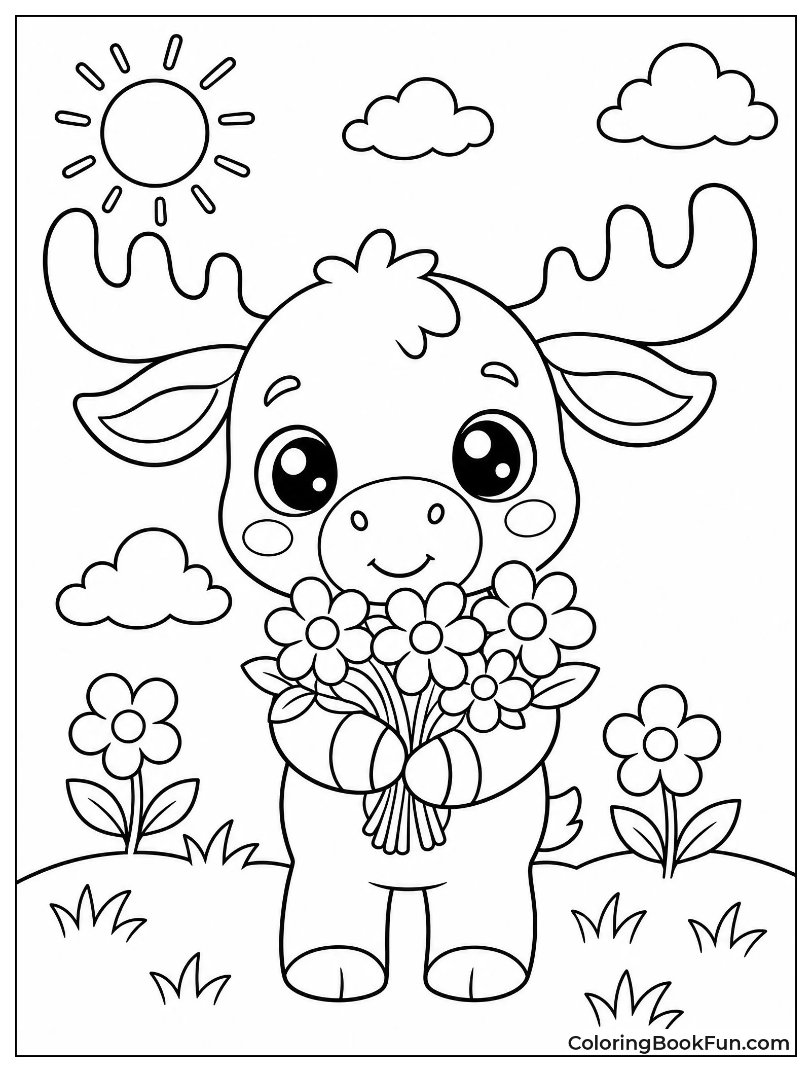 Kawaii Moose Holding Flowers