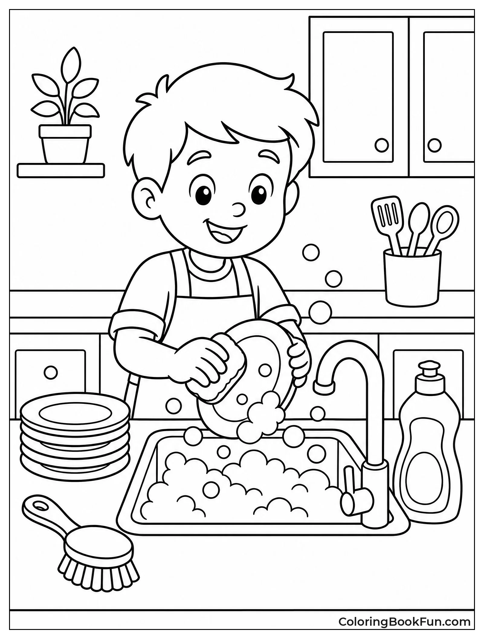 Child Washing Dishes at Sink