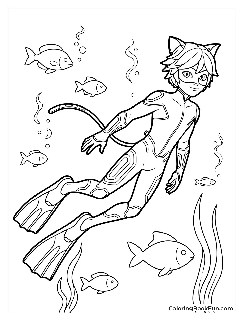 Aqua Cat Noir Swimming Past Fish