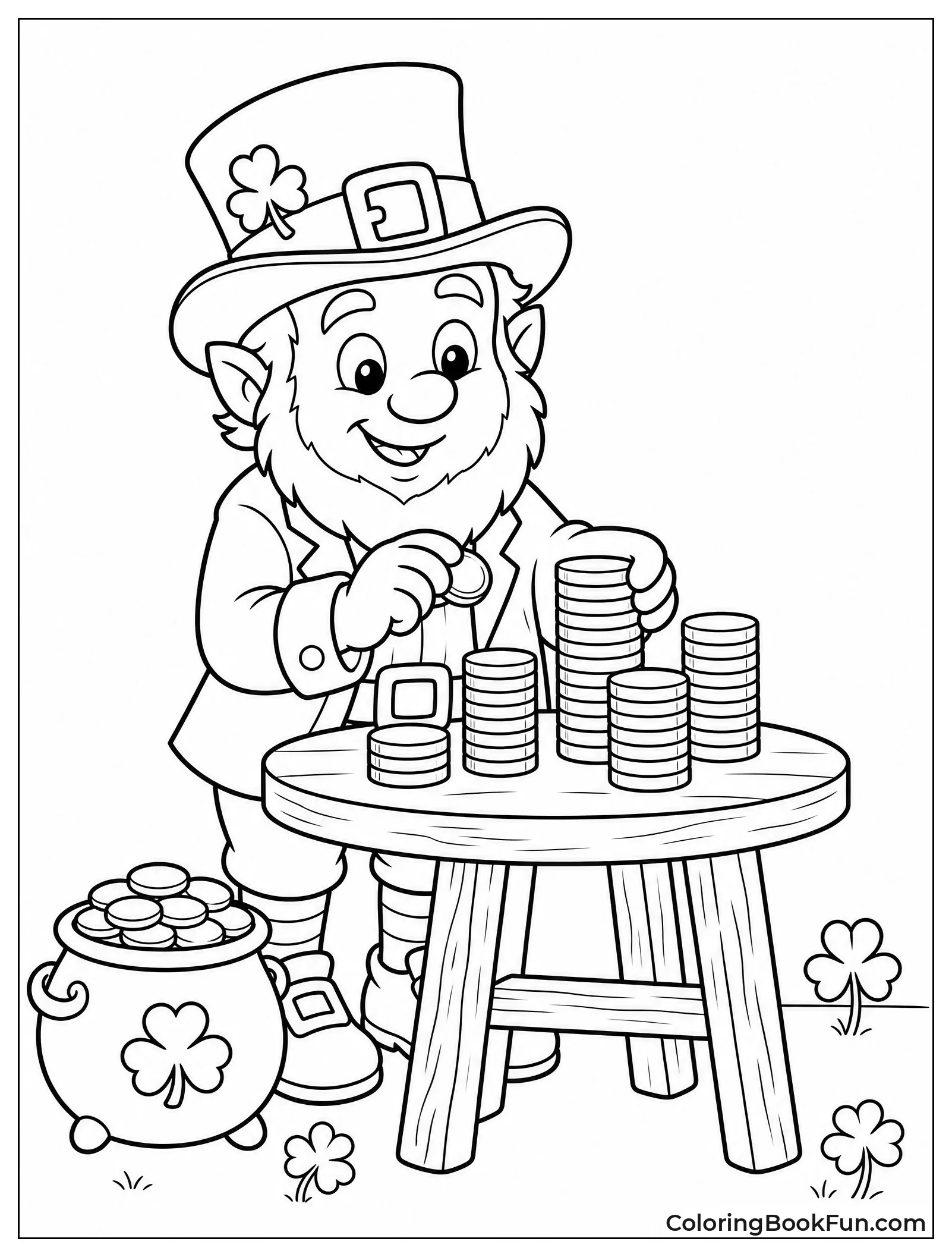 Leprechaun Counting Stacks of Gold Coins