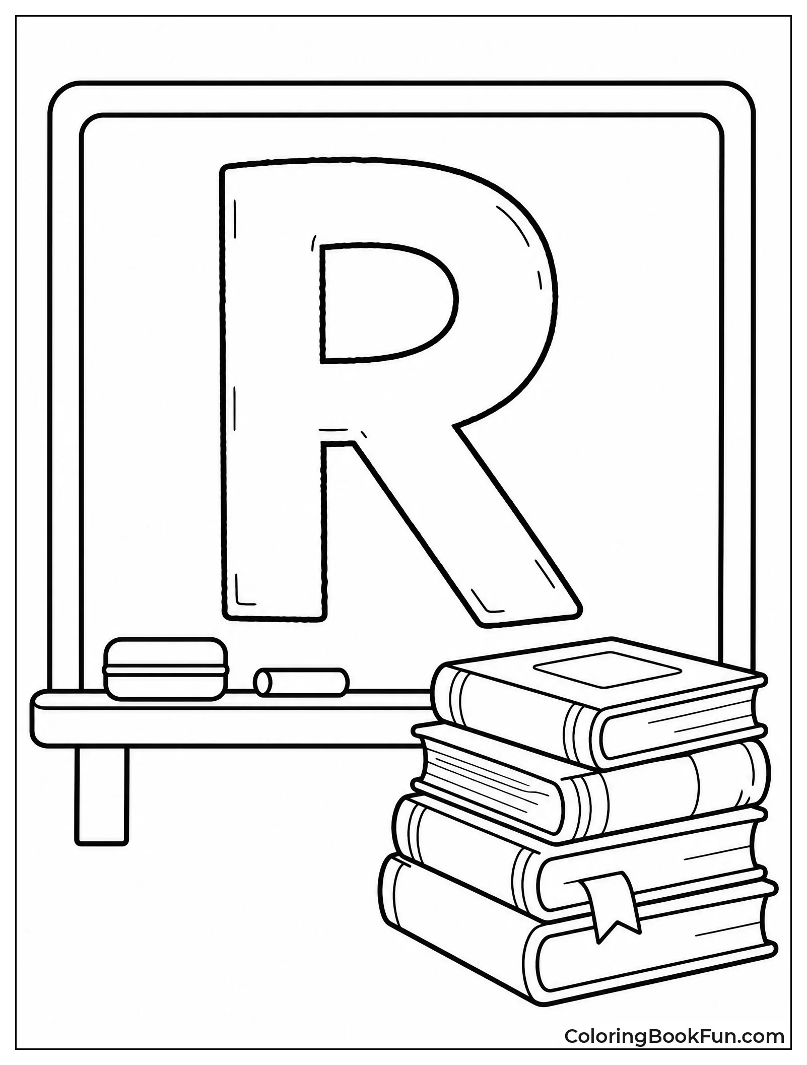 Chalkboard with R and School Books