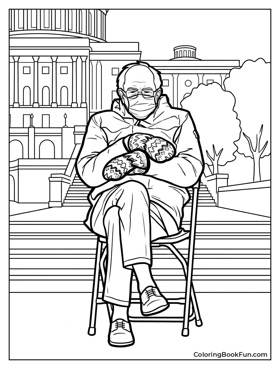 Bernie in Chair with Mittens