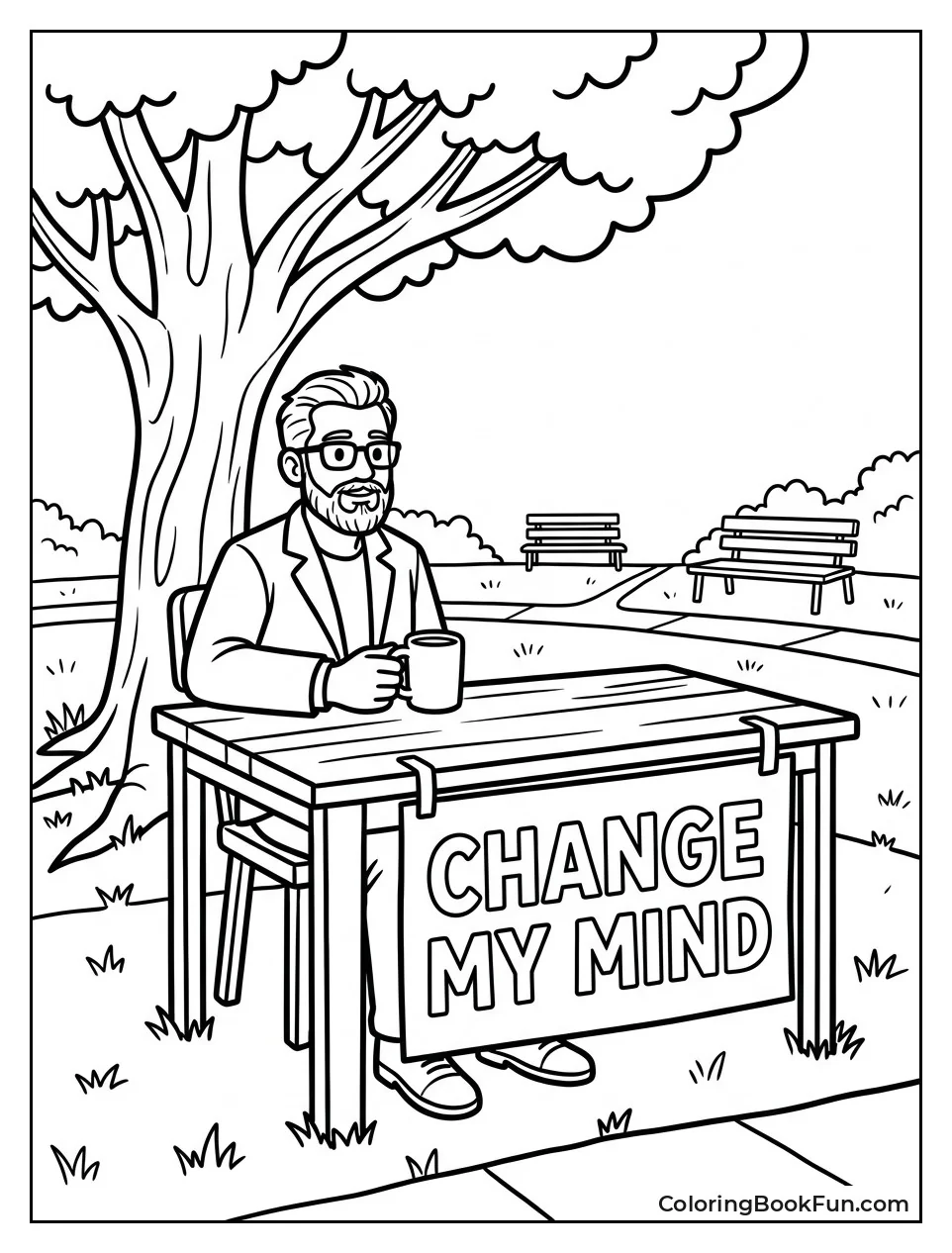 Man at Desk with Sign