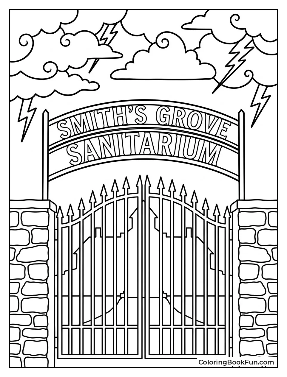 Sanitarium Gates Rise Under Stormy Sky