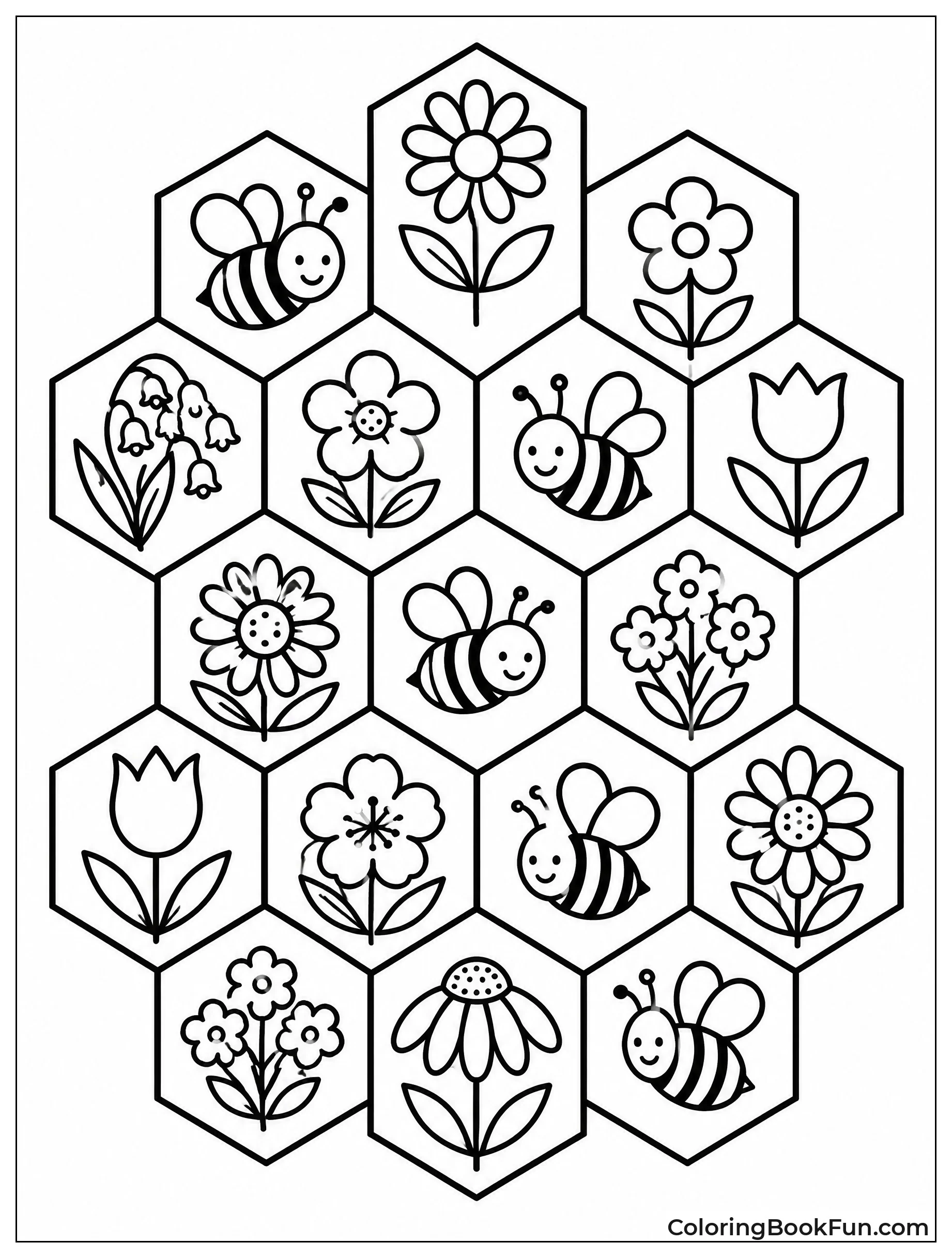 Hexagons Holding Flowers and Bees