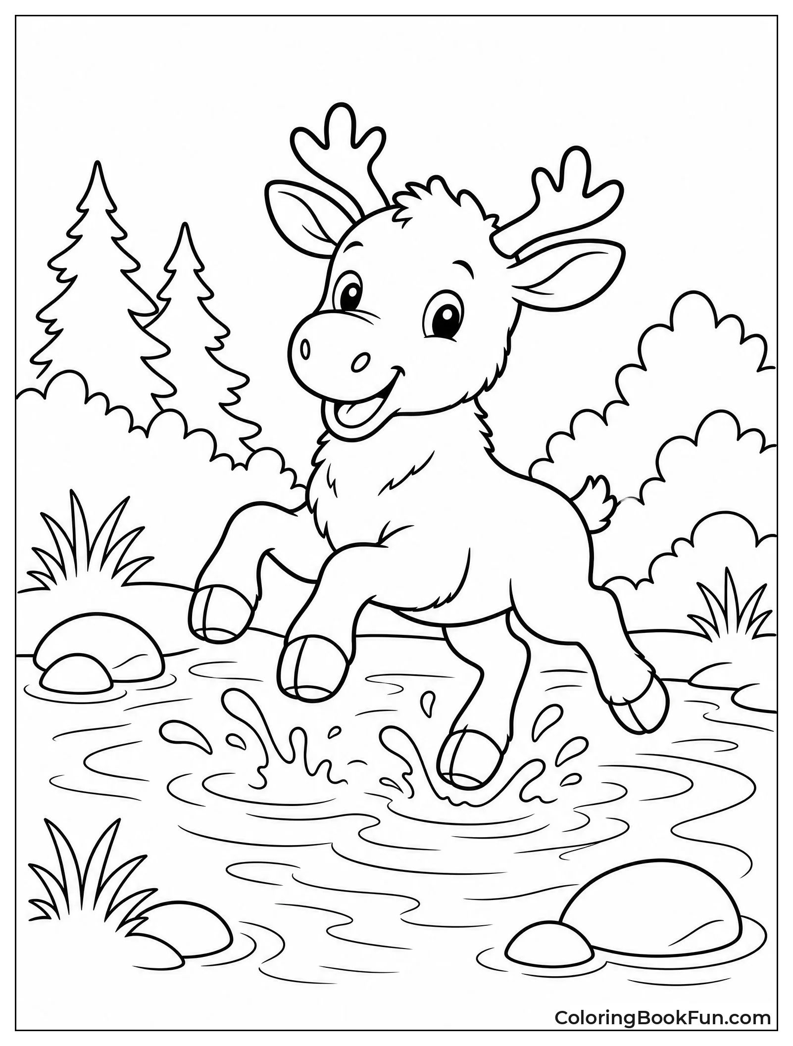 Moose Calf Jumping in Stream