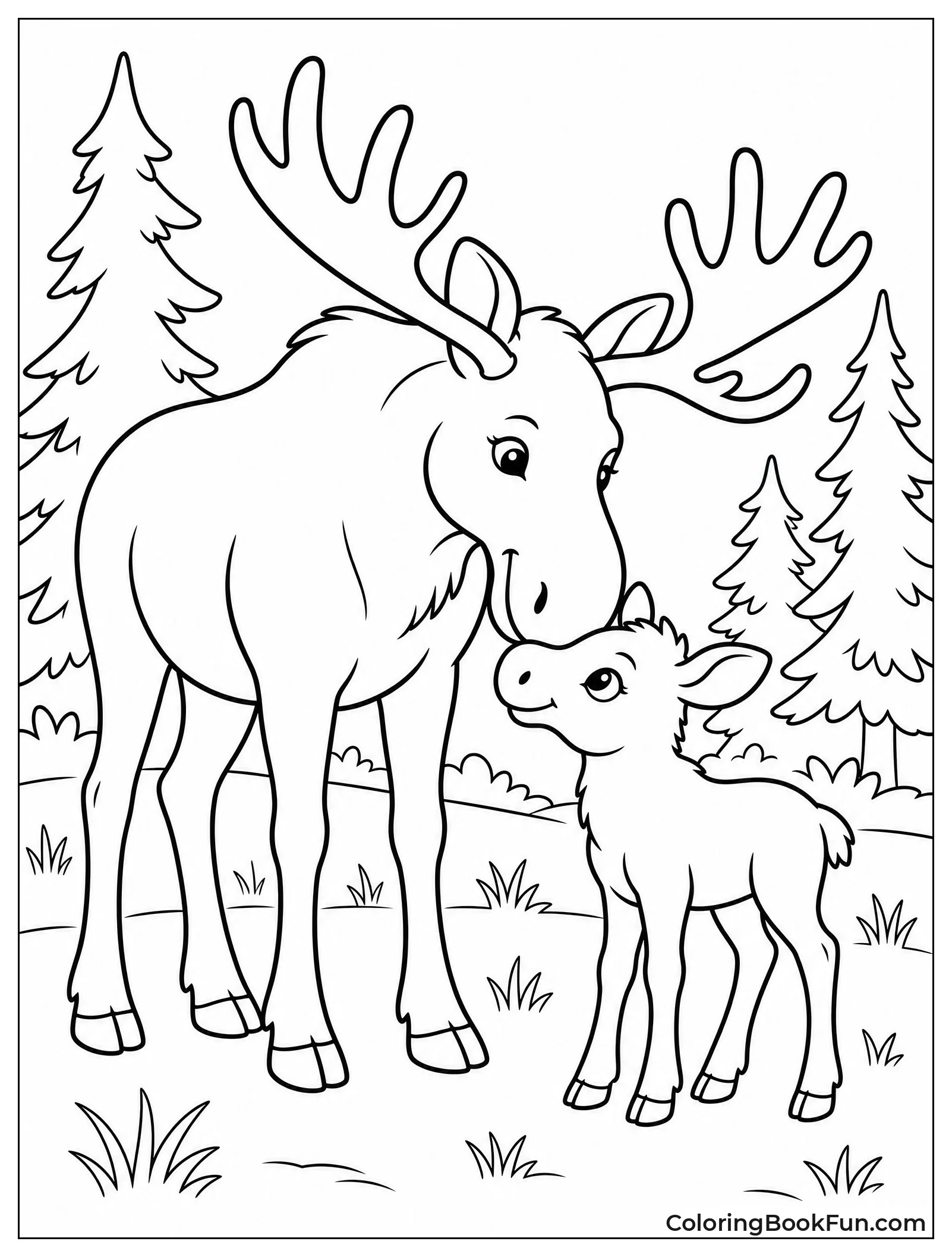 Mother Moose Nuzzling Her Calf