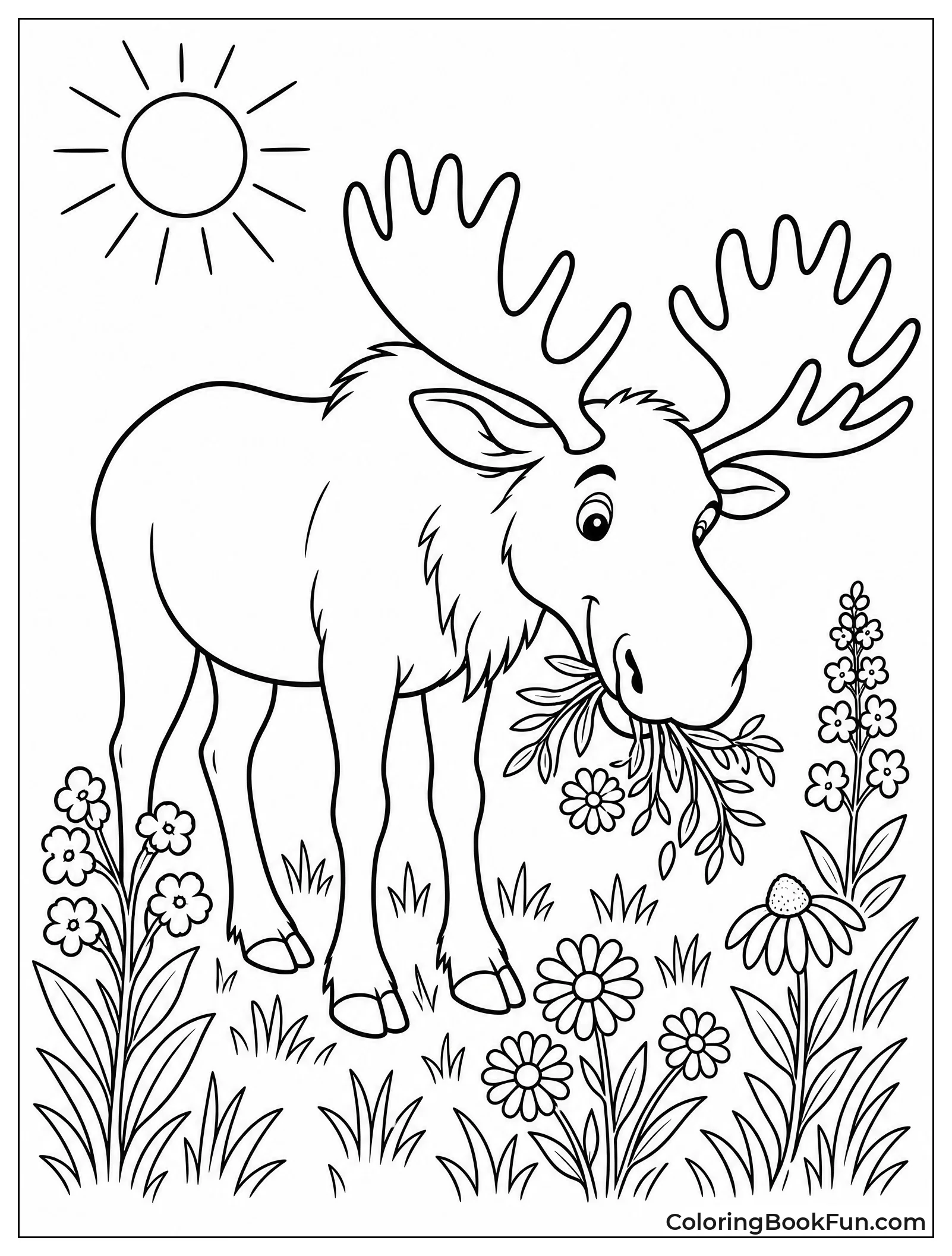 Moose Grazing in Spring Meadow