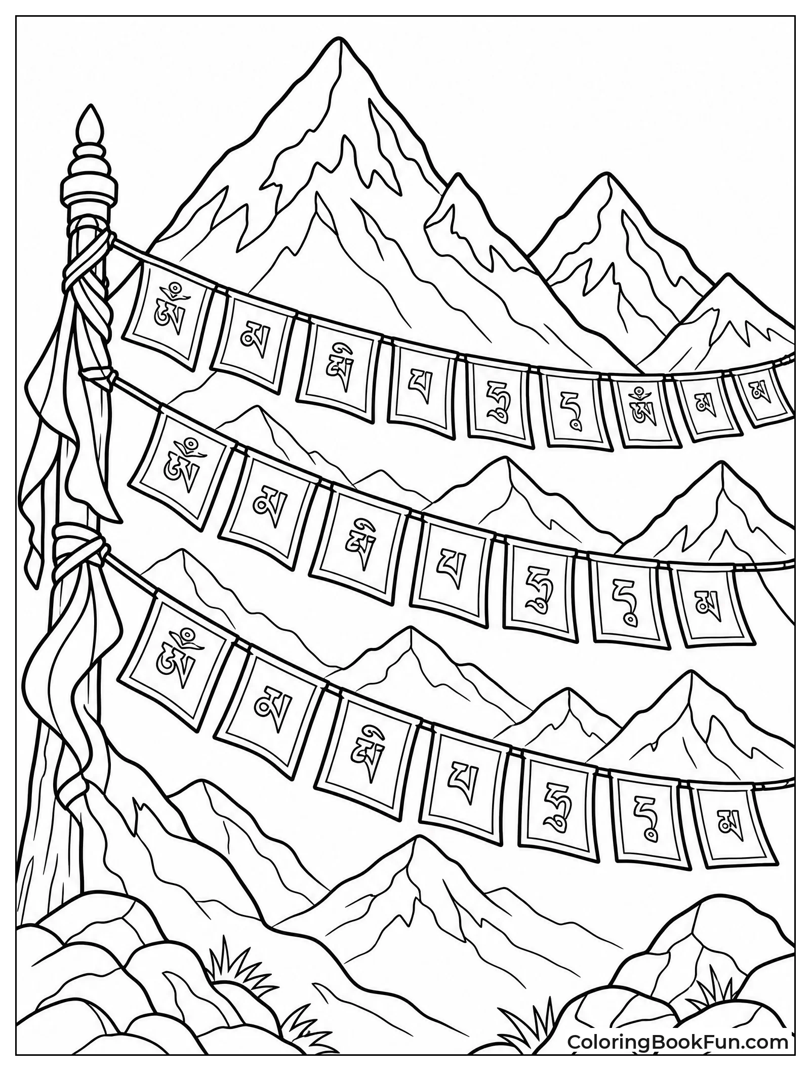 Prayer Flags in Snowy Mountains