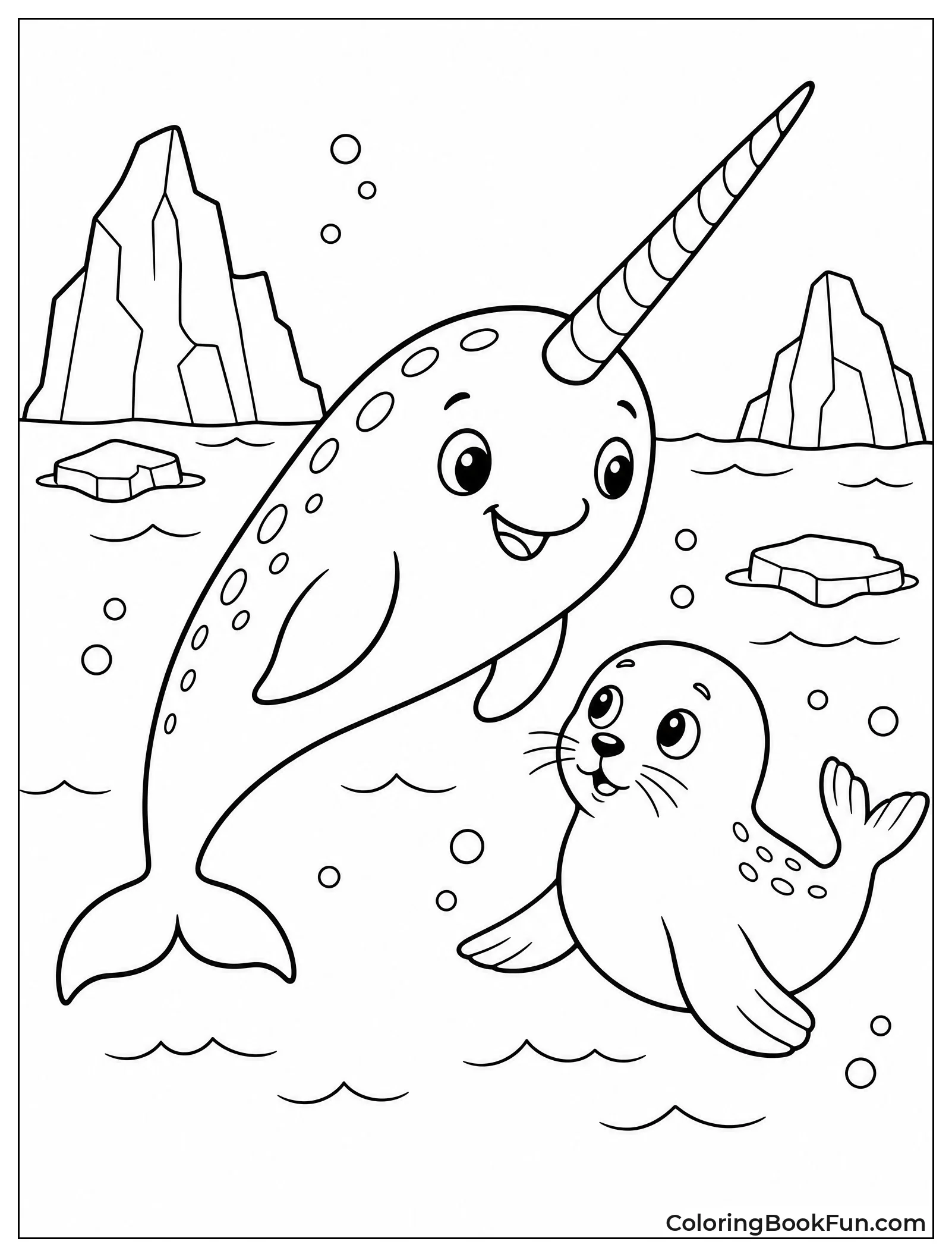 Narwhal Swimming Beside Curious Seal